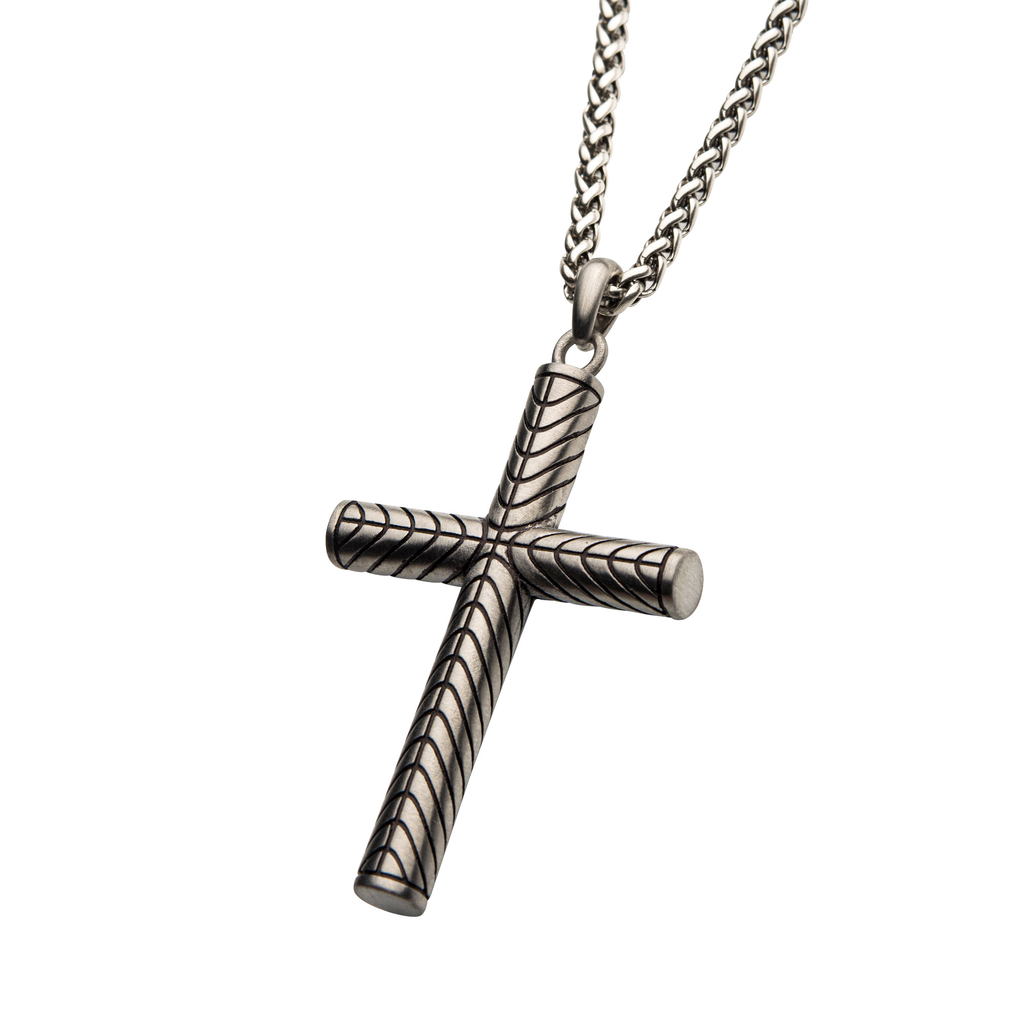 Steel Geometric Pattern Cross Pendant with Steel Wheat Chain Image 2 Thurber's Fine Jewelry Wadsworth, OH