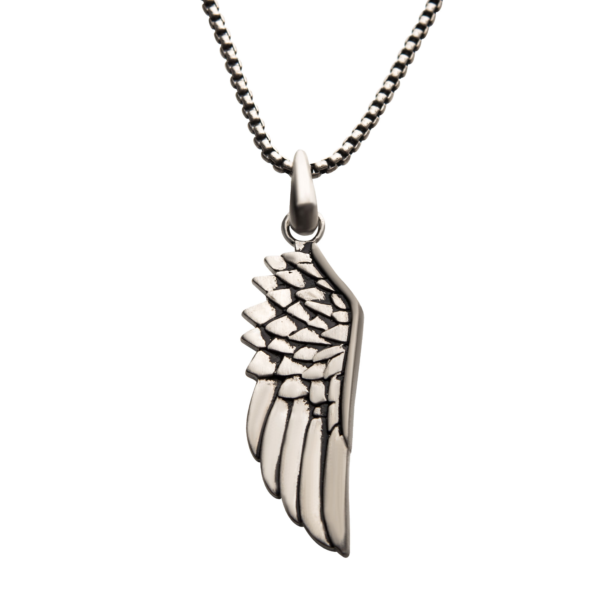 Steel Wing Pendant with Black Oxidized Steel Box Chain Mueller Jewelers Chisago City, MN