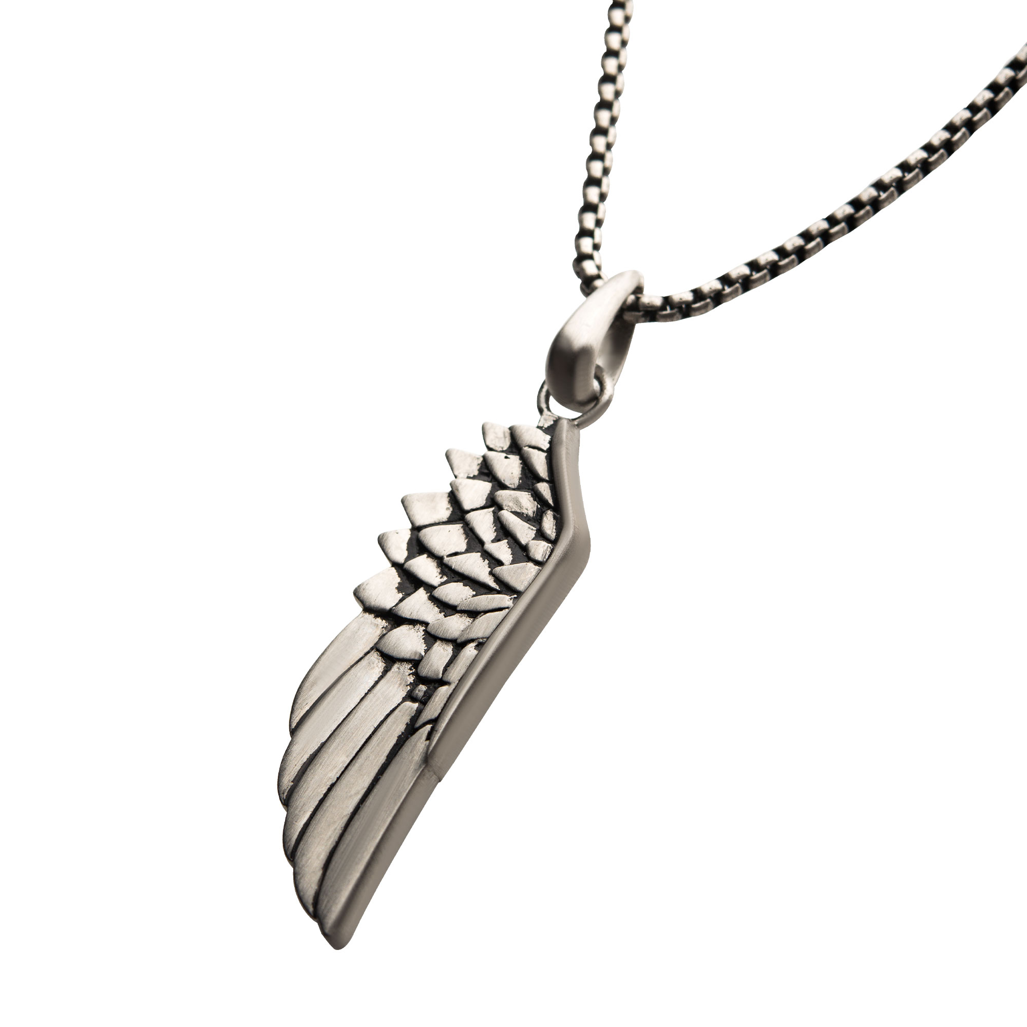 Steel Wing Pendant with Black Oxidized Steel Box Chain Image 2 Morin Jewelers Southbridge, MA
