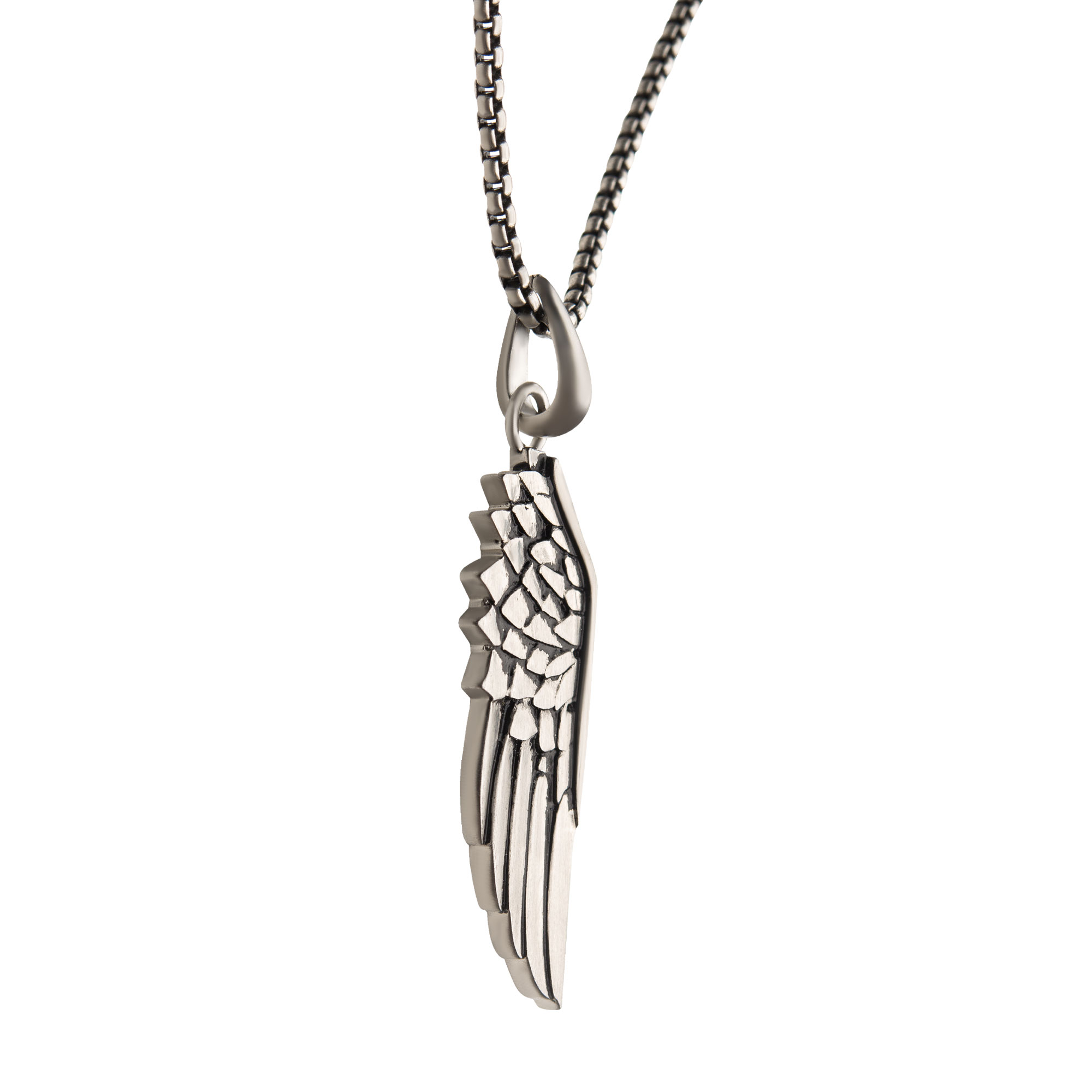 Steel Wing Pendant with Black Oxidized Steel Box Chain Image 3 Morin Jewelers Southbridge, MA