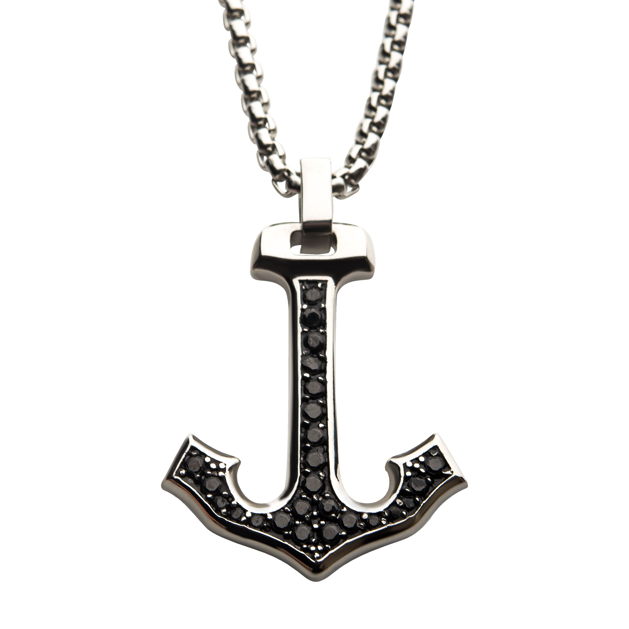 Steel Anchor Pendant with Black CZ Inlay, with Steel Box Chain Milano Jewelers Pembroke Pines, FL