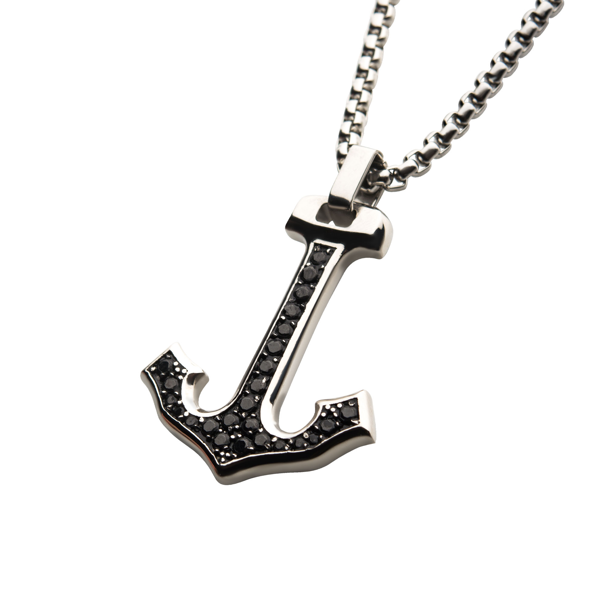 Steel Anchor Pendant with Black CZ Inlay, with Steel Box Chain Image 2 Enchanted Jewelry Plainfield, CT