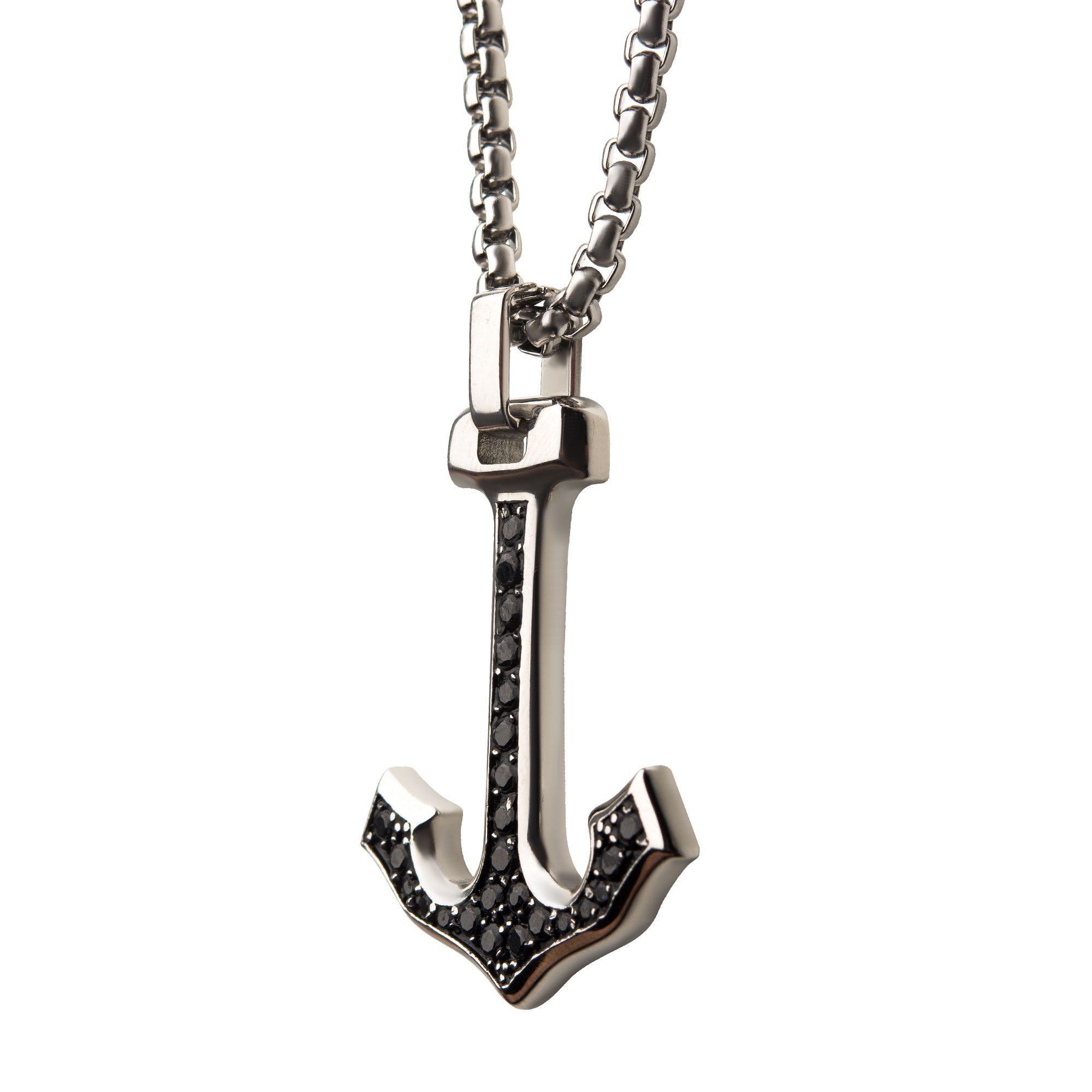 Steel Anchor Pendant with Black CZ Inlay, with Steel Box Chain Image 3 Ken Walker Jewelers Gig Harbor, WA