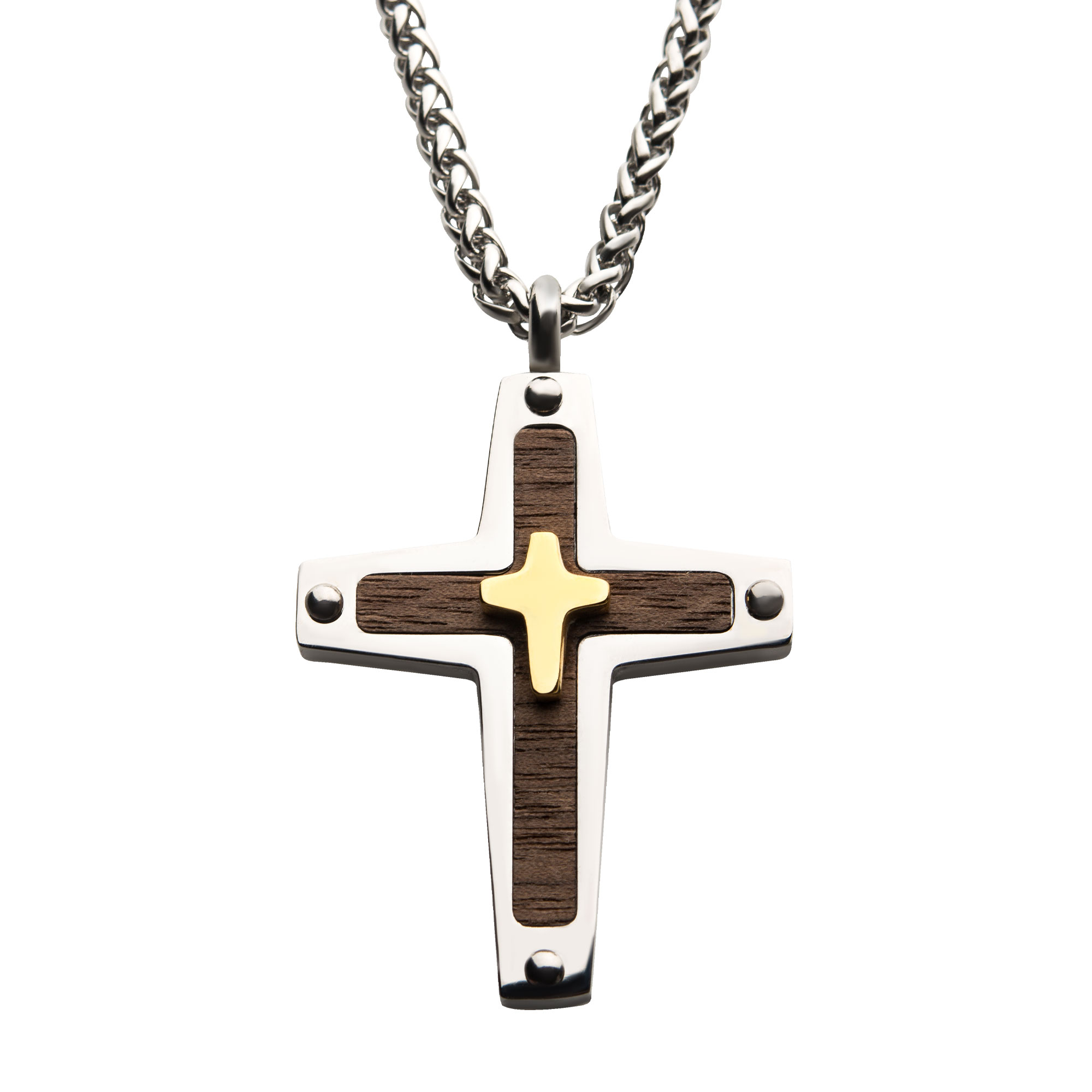18K Gold Plated Cross Overlapped on a Steel Pendant with Walnut Wood Inlay, with Steel Wheat Chain Morin Jewelers Southbridge, MA