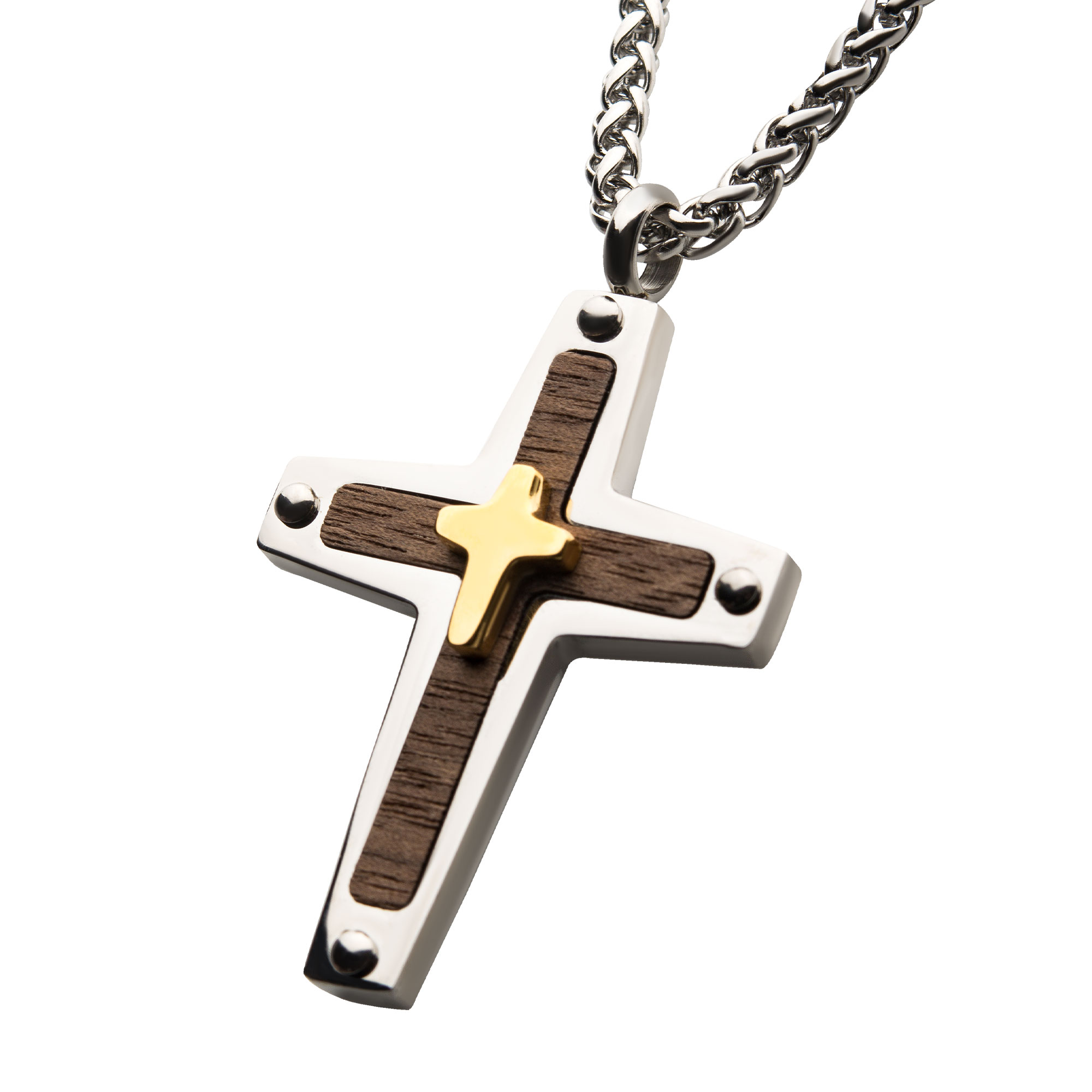 18K Gold Plated Cross Overlapped on a Steel Pendant with Walnut Wood Inlay, with Steel Wheat Chain Image 2 Milano Jewelers Pembroke Pines, FL