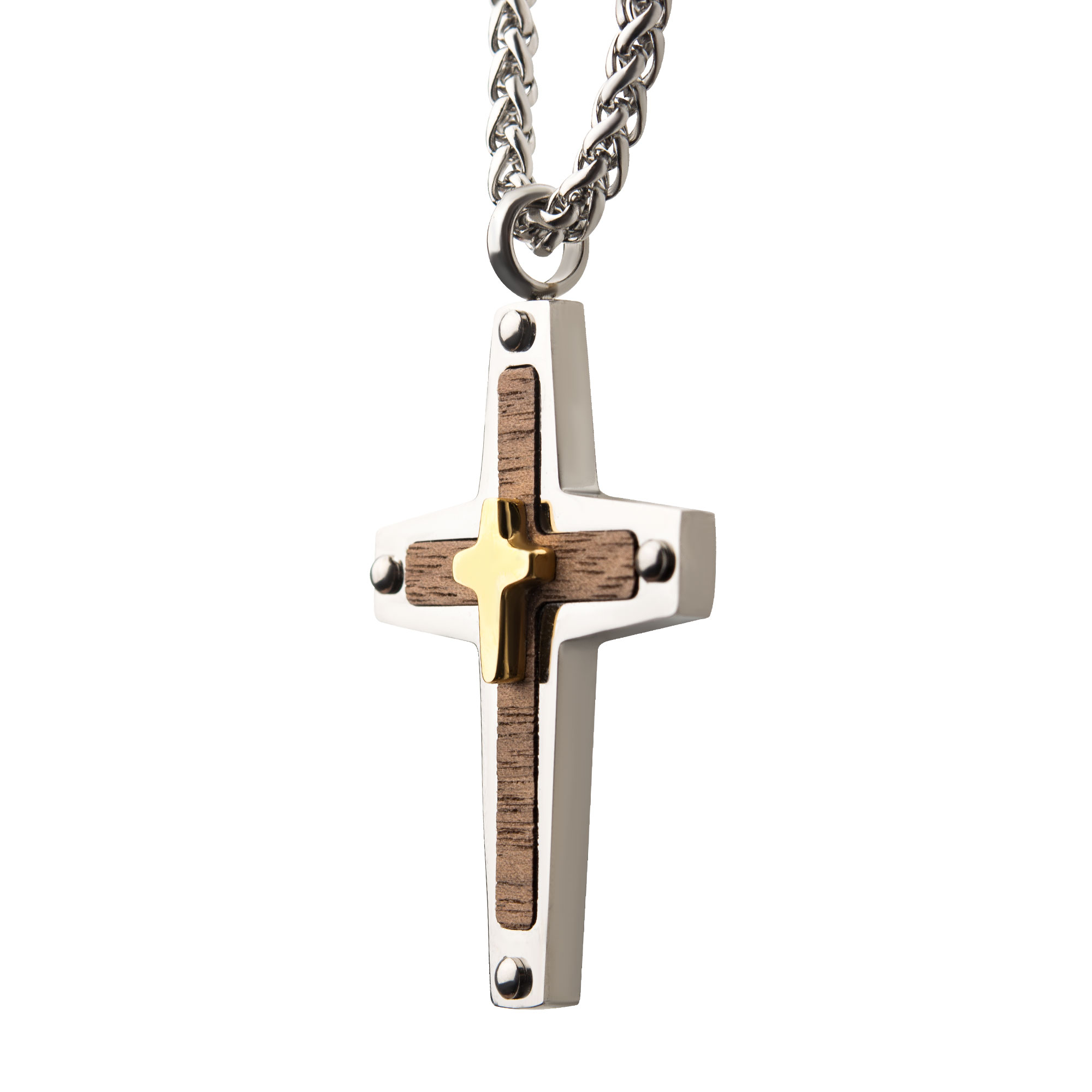 18K Gold Plated Cross Overlapped on a Steel Pendant with Walnut Wood Inlay, with Steel Wheat Chain Image 3 Ken Walker Jewelers Gig Harbor, WA
