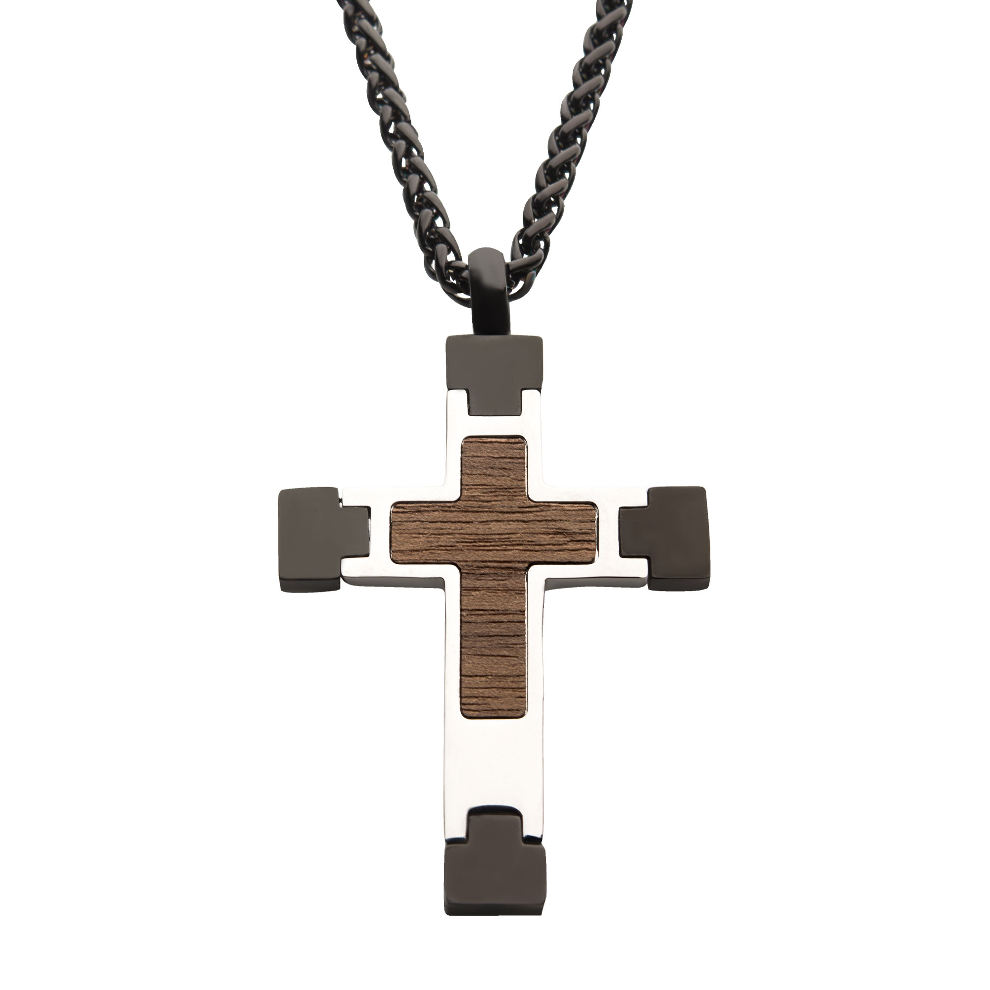 Steel Cross Pendant with Walnut Wood Inlay, with Black Wheat Chain Ken Walker Jewelers Gig Harbor, WA