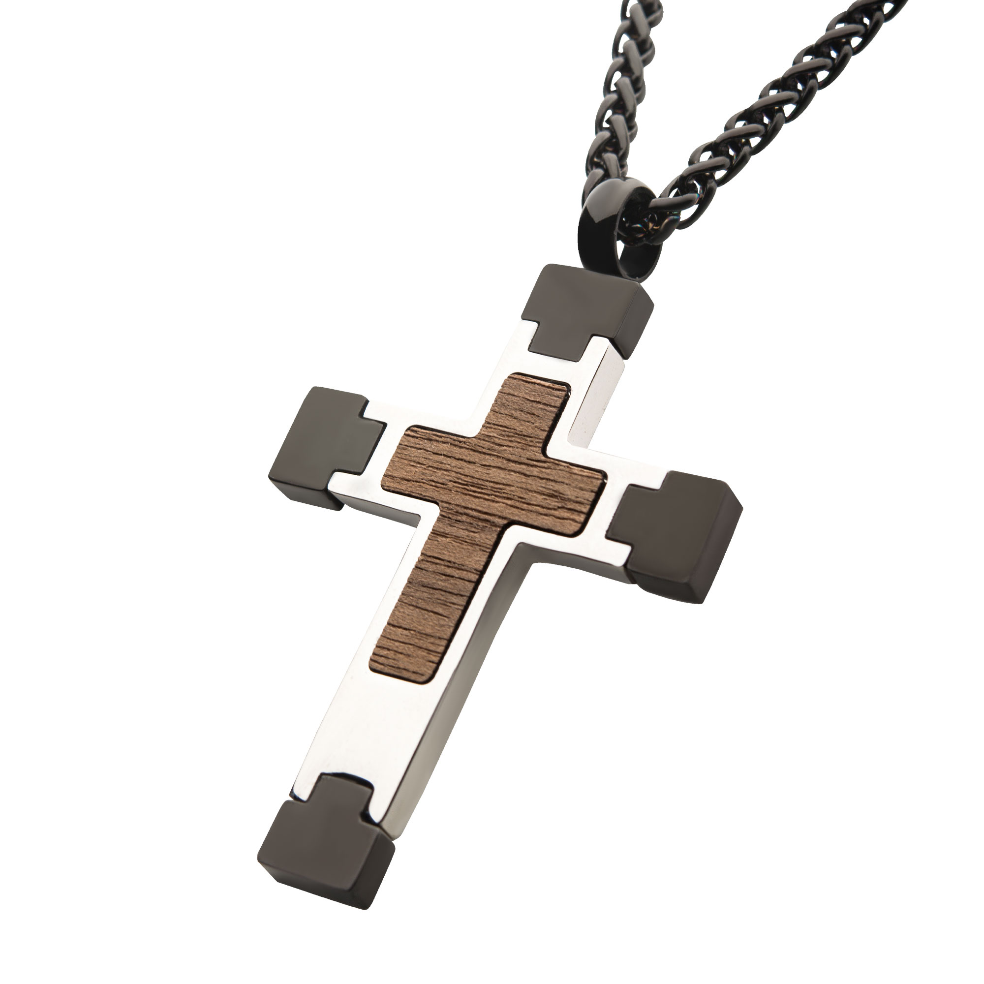 Steel Cross Pendant with Walnut Wood Inlay, with Black Wheat Chain Image 2 Ken Walker Jewelers Gig Harbor, WA
