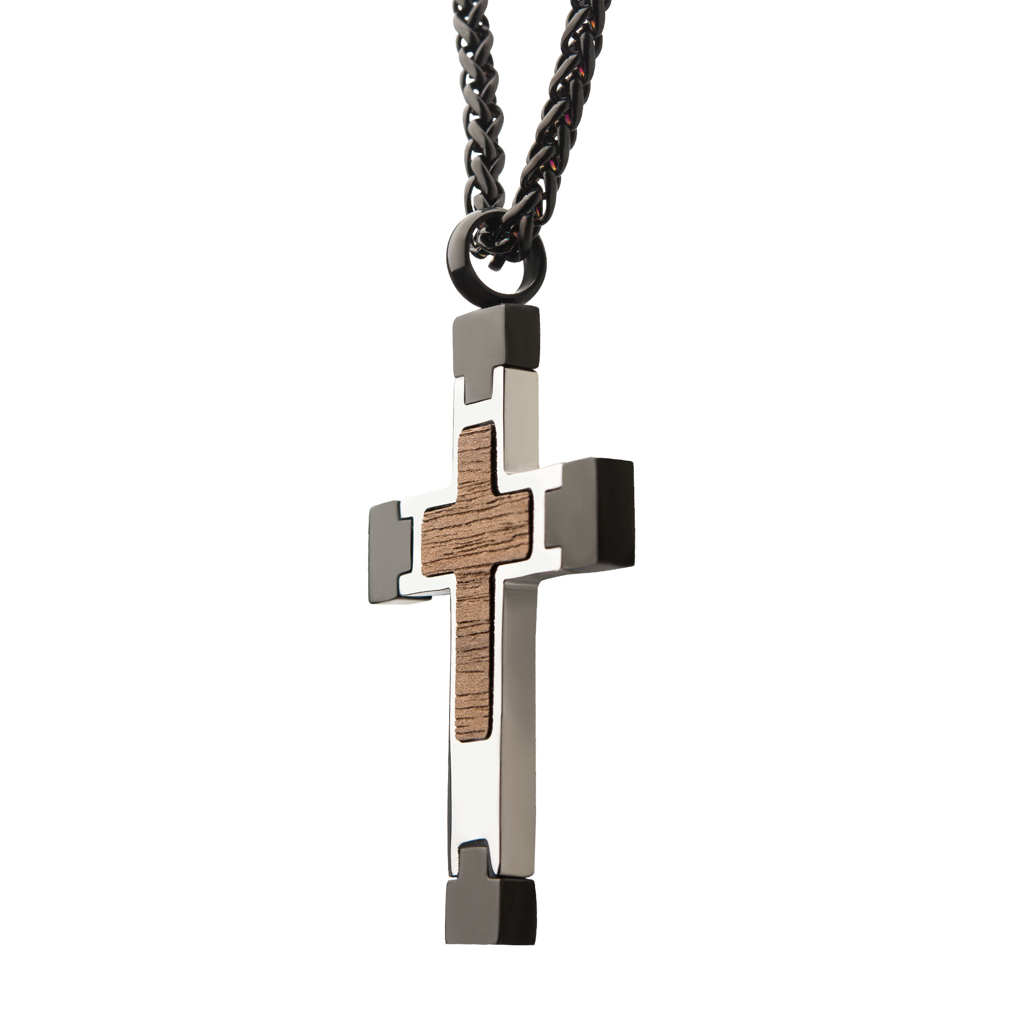 Steel Cross Pendant with Walnut Wood Inlay, with Black Wheat Chain Image 3 Morin Jewelers Southbridge, MA