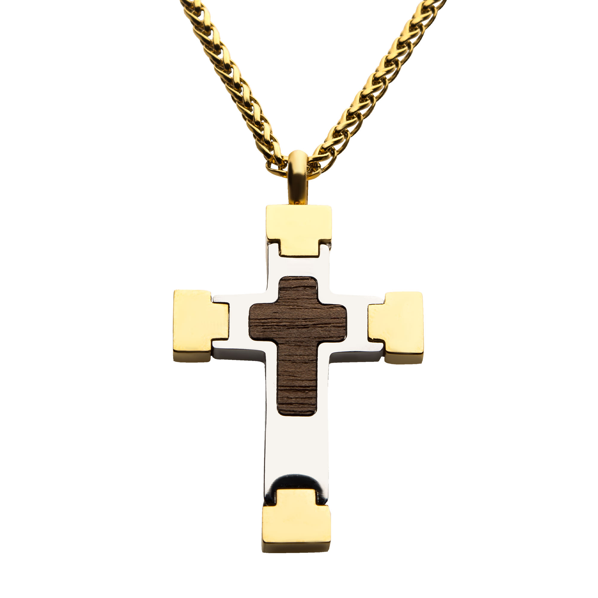 18K Gold Plated Cross Pendant with Walnut Wood Inlay, with 18K Gold Plated Wheat Chain Spath Jewelers Bartow, FL