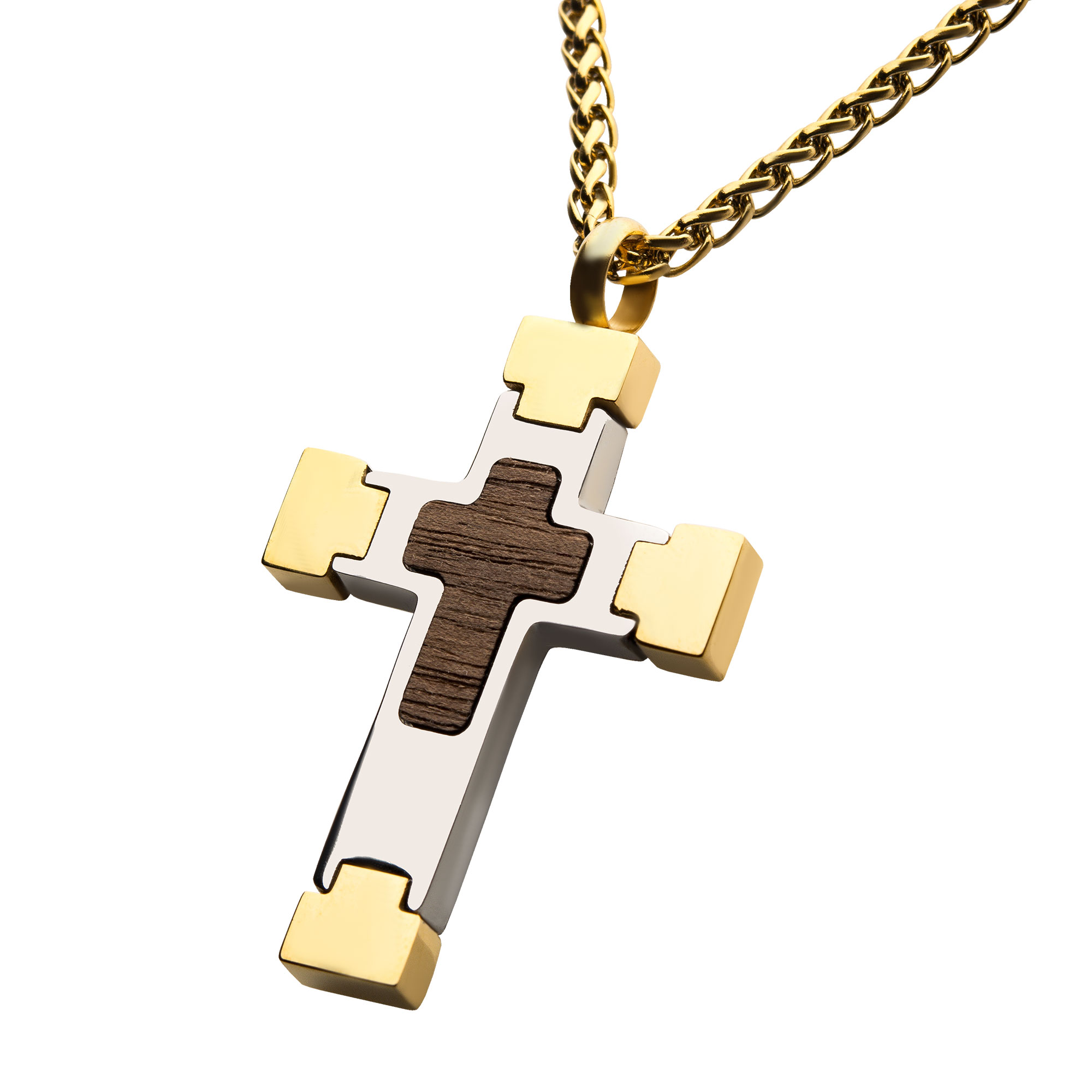 18K Gold Plated Cross Pendant with Walnut Wood Inlay, with 18K Gold Plated Wheat Chain Image 2 Ken Walker Jewelers Gig Harbor, WA