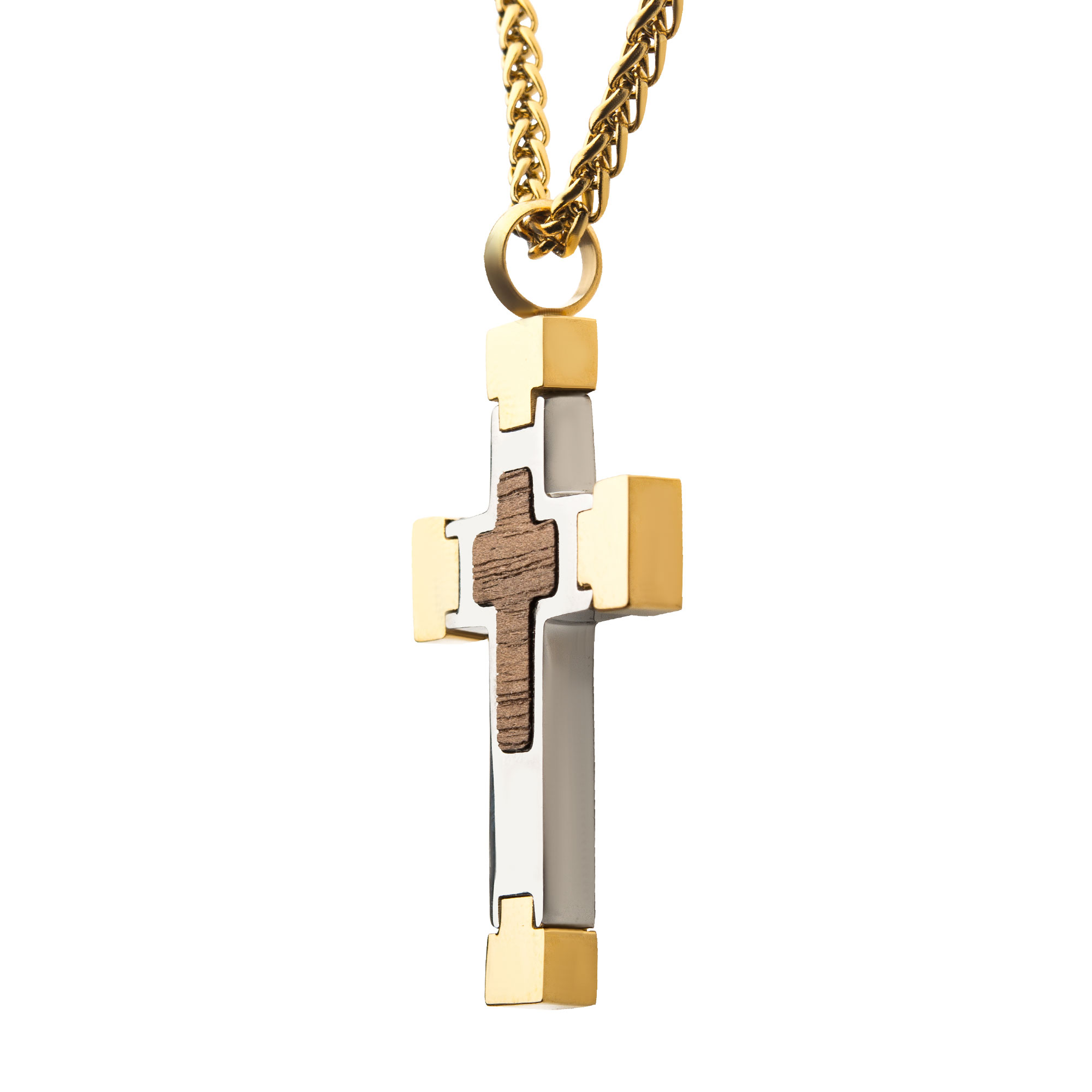18K Gold Plated Cross Pendant with Walnut Wood Inlay, with 18K Gold Plated Wheat Chain Image 3 Milano Jewelers Pembroke Pines, FL