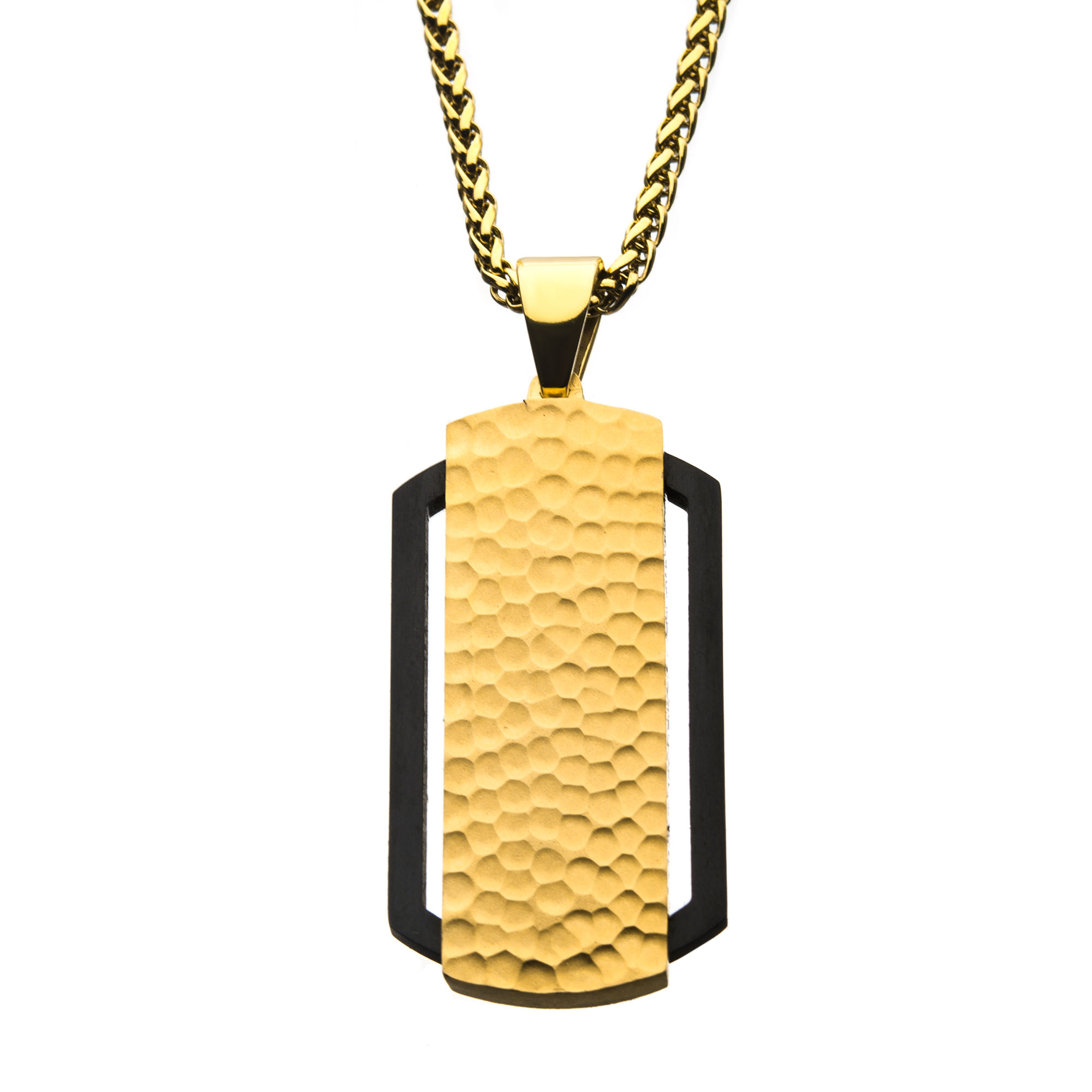 Black IP Cut Out Frame with Gold IP Hammered Dog Tag Pendant with Gold IP Chain Mueller Jewelers Chisago City, MN