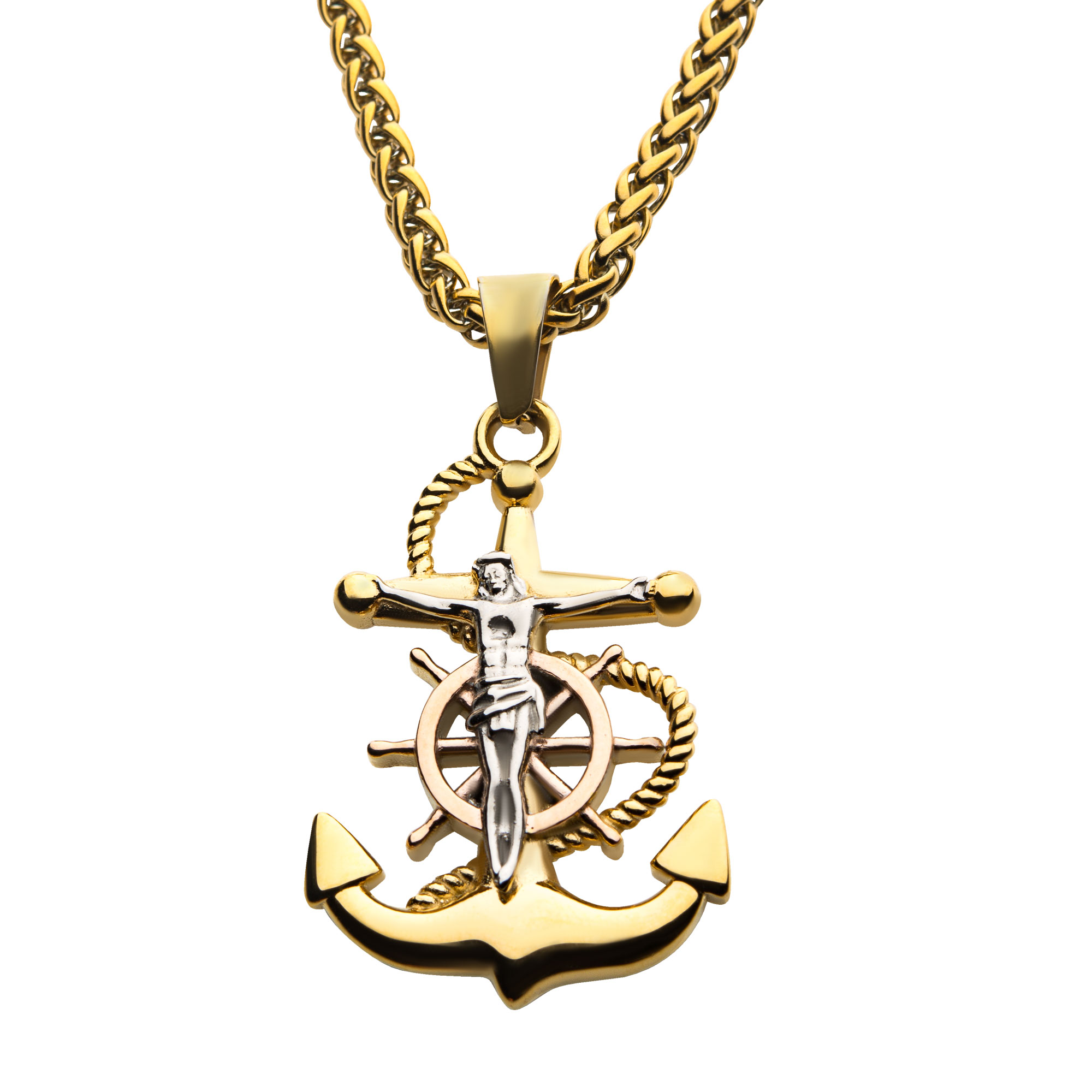18K Gold Plated Anchor with Silver Plated Jesus Steel Pendant, with 18K Gold Plated Wheat Chain Ken Walker Jewelers Gig Harbor, WA