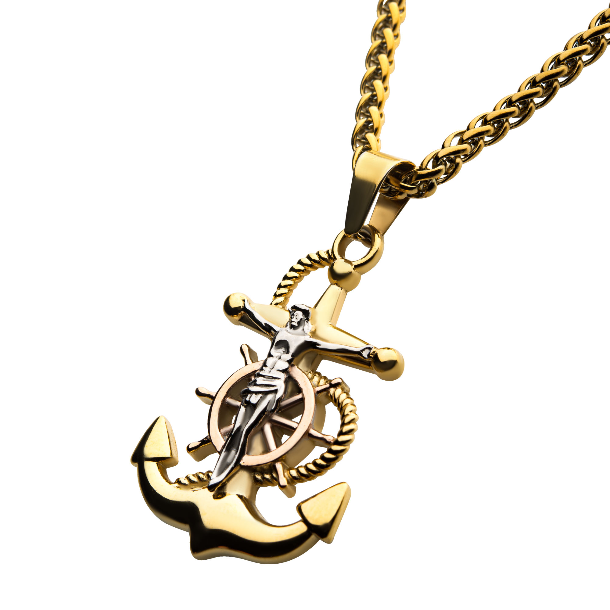 18K Gold Plated Anchor with Silver Plated Jesus Steel Pendant, with 18K Gold Plated Wheat Chain Image 2 Milano Jewelers Pembroke Pines, FL