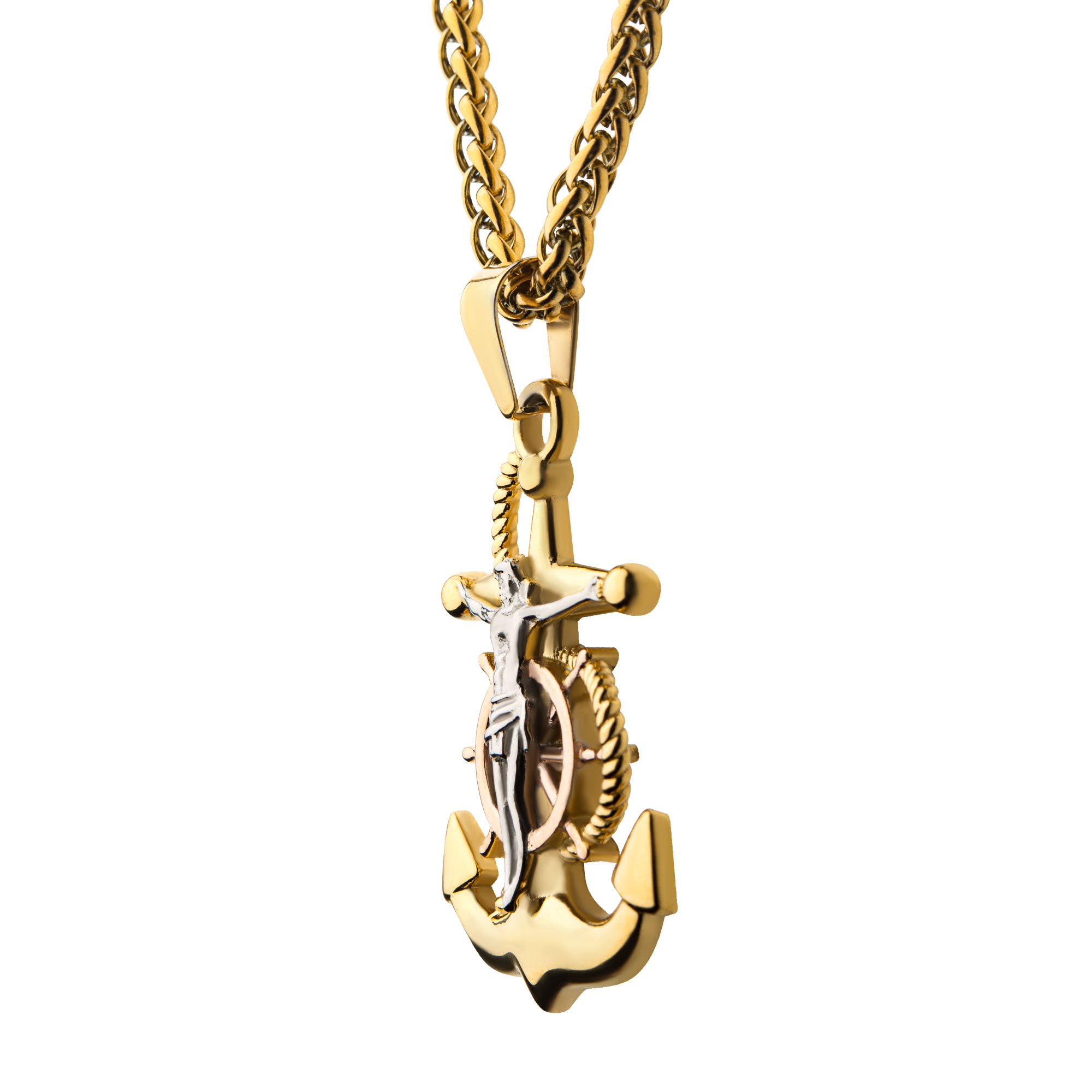 18K Gold Plated Anchor with Silver Plated Jesus Steel Pendant, with 18K Gold Plated Wheat Chain Image 3 P.K. Bennett Jewelers Mundelein, IL