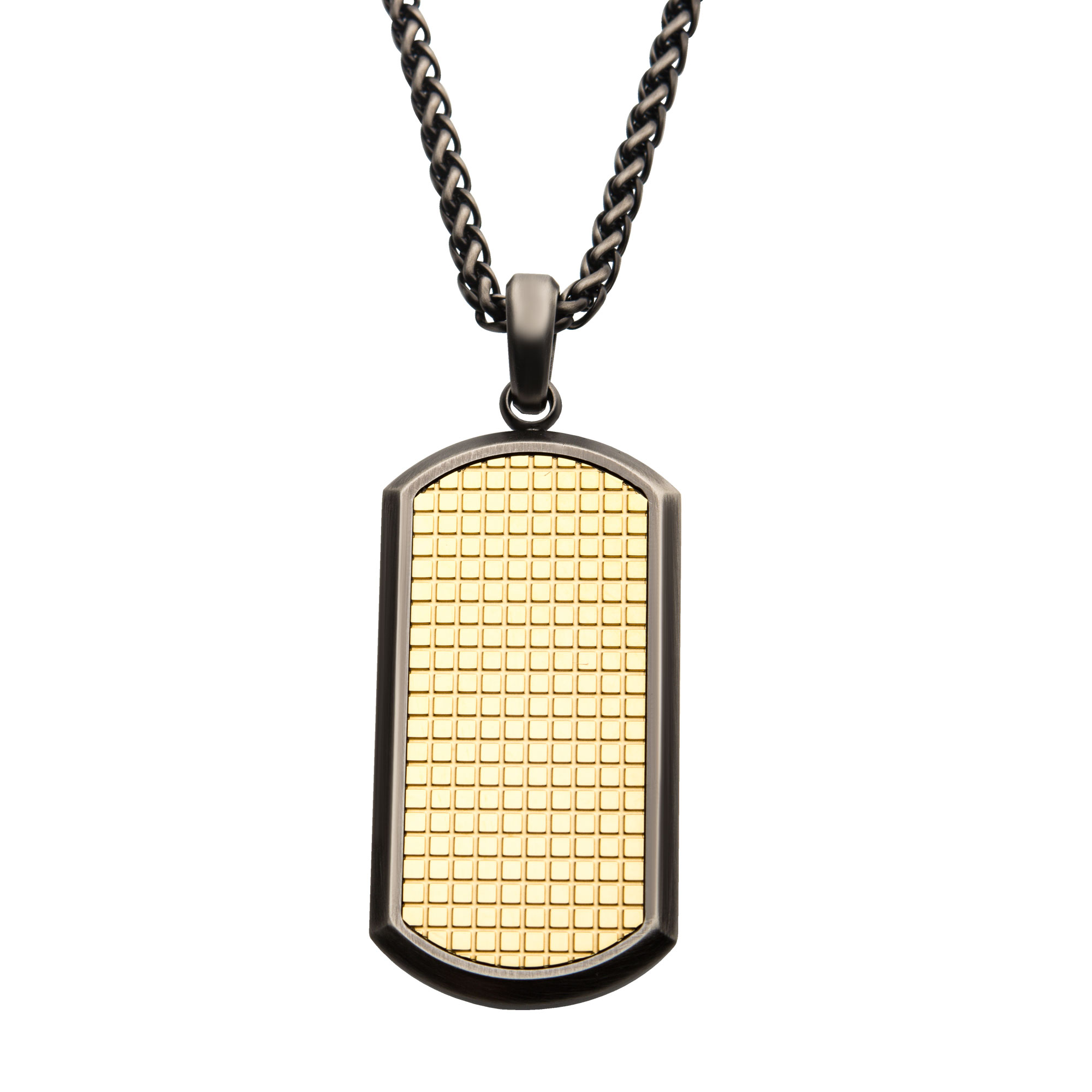 Gun Metal Plated with 18K Gold Plated Grid Inlay Dog Tag Pendant, with Black Plated Wheat Chain Ken Walker Jewelers Gig Harbor, WA