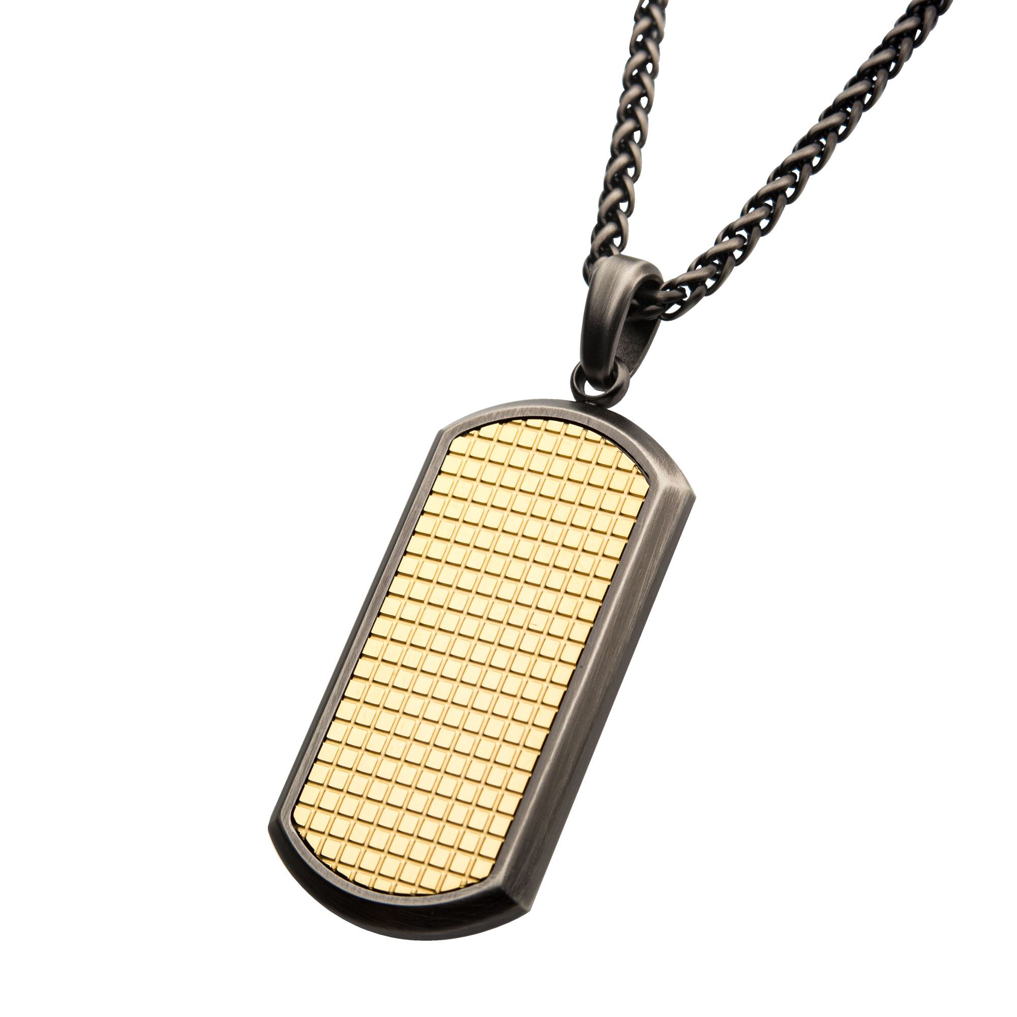 Gun Metal Plated with 18K Gold Plated Grid Inlay Dog Tag Pendant, with Black Plated Wheat Chain Image 2 Ken Walker Jewelers Gig Harbor, WA