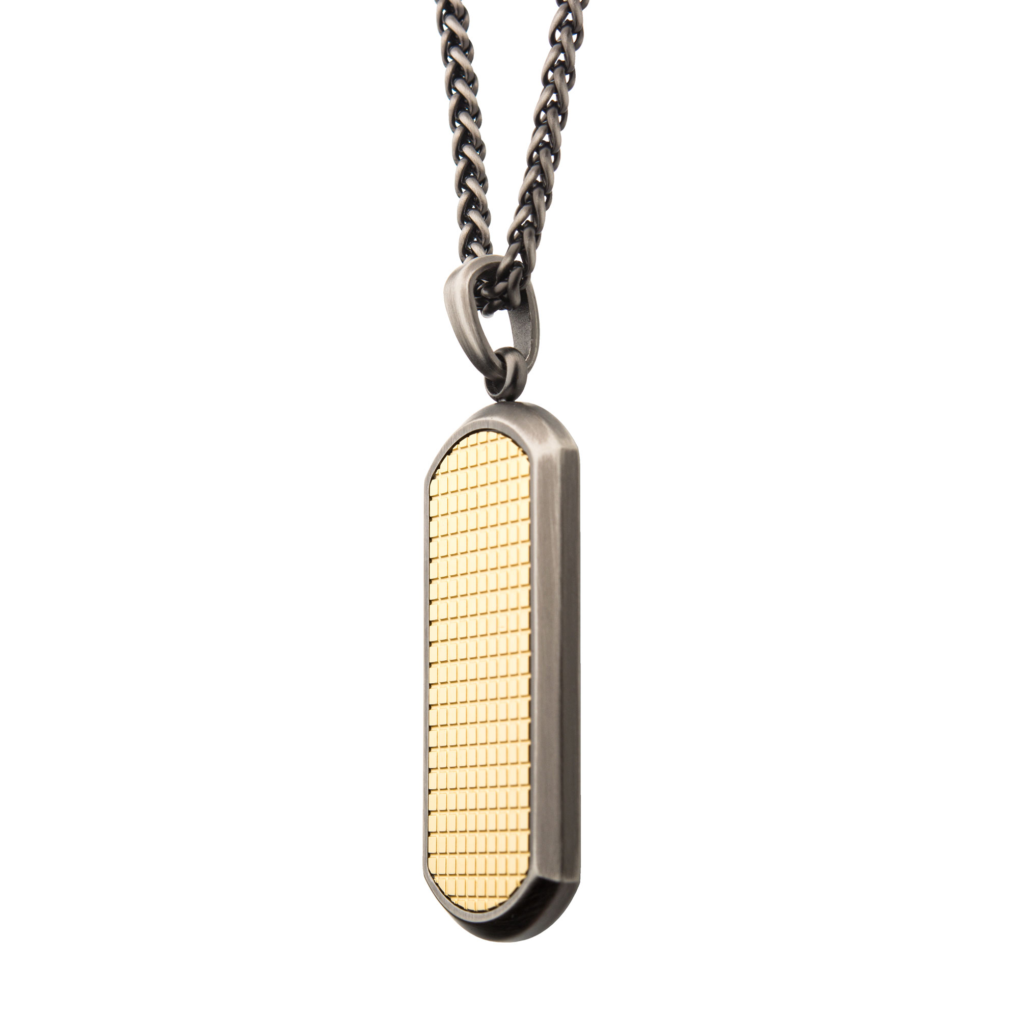 Gun Metal Plated with 18K Gold Plated Grid Inlay Dog Tag Pendant, with Black Plated Wheat Chain Image 3 Milano Jewelers Pembroke Pines, FL