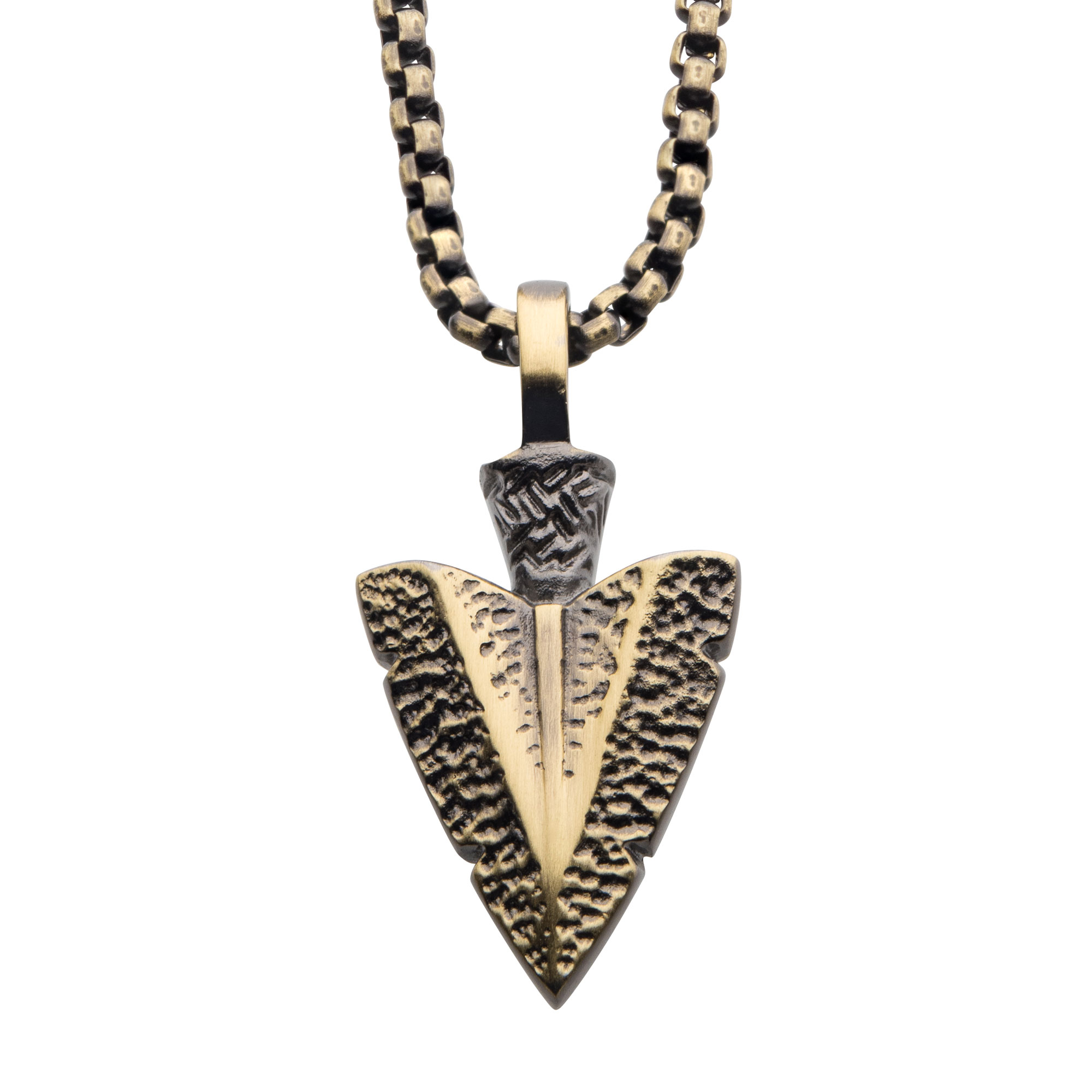 Antiqued Gold IP Arrowhead Pendant with Bold Box Chain Milano Jewelers Pembroke Pines, FL