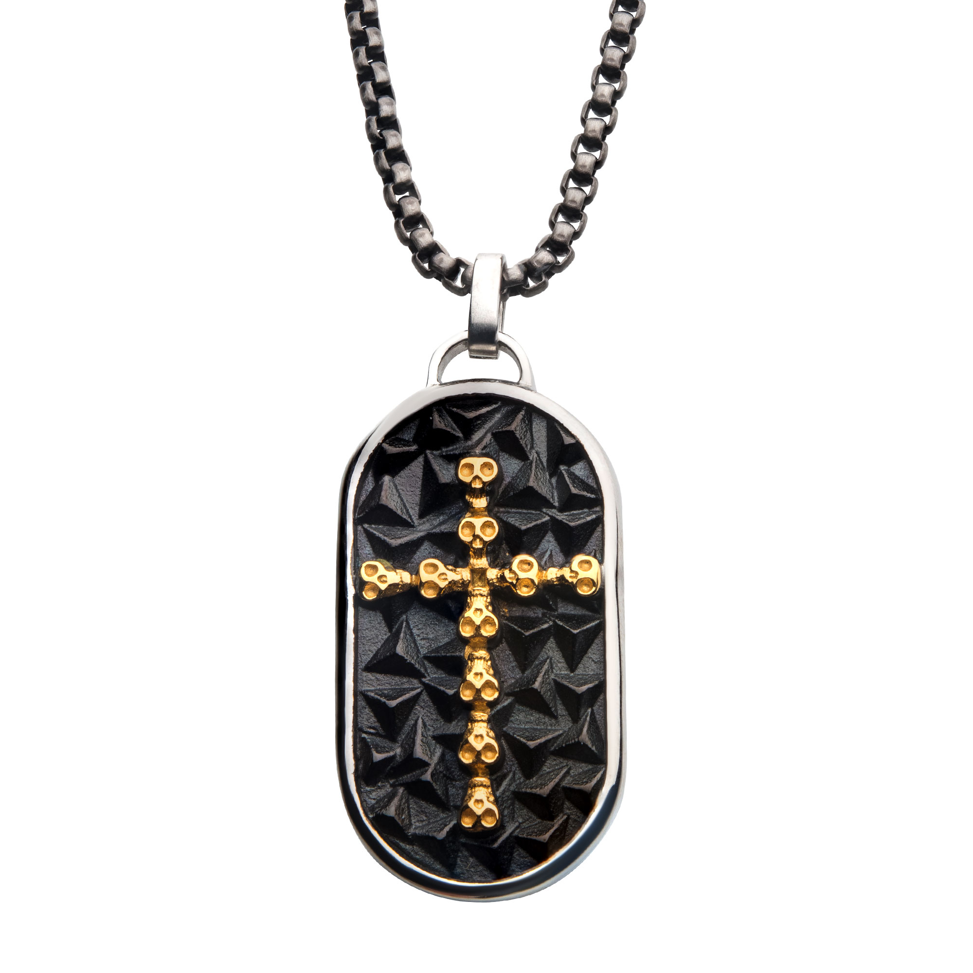 18K Gold IP Skull Cross Inlay Dog Tag Pendant with Round Box Chain Spath Jewelers Bartow, FL