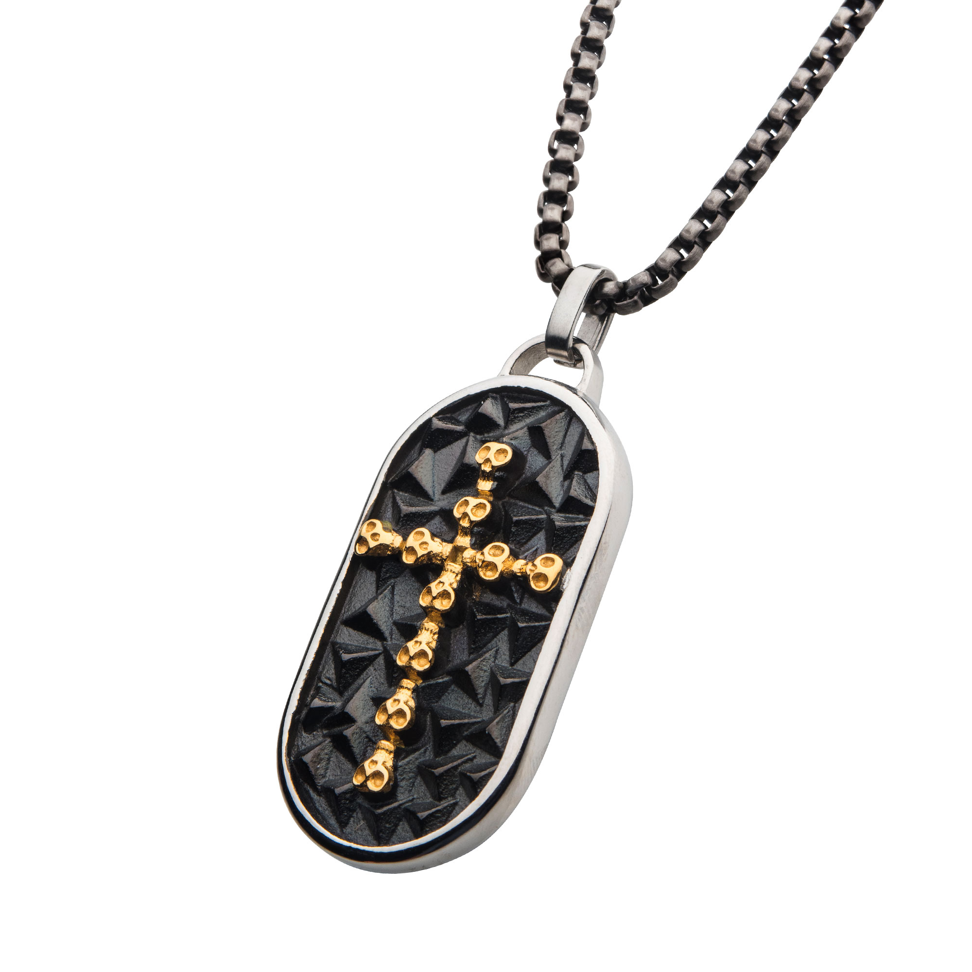 18K Gold IP Skull Cross Inlay Dog Tag Pendant with Round Box Chain Image 2 Enchanted Jewelry Plainfield, CT