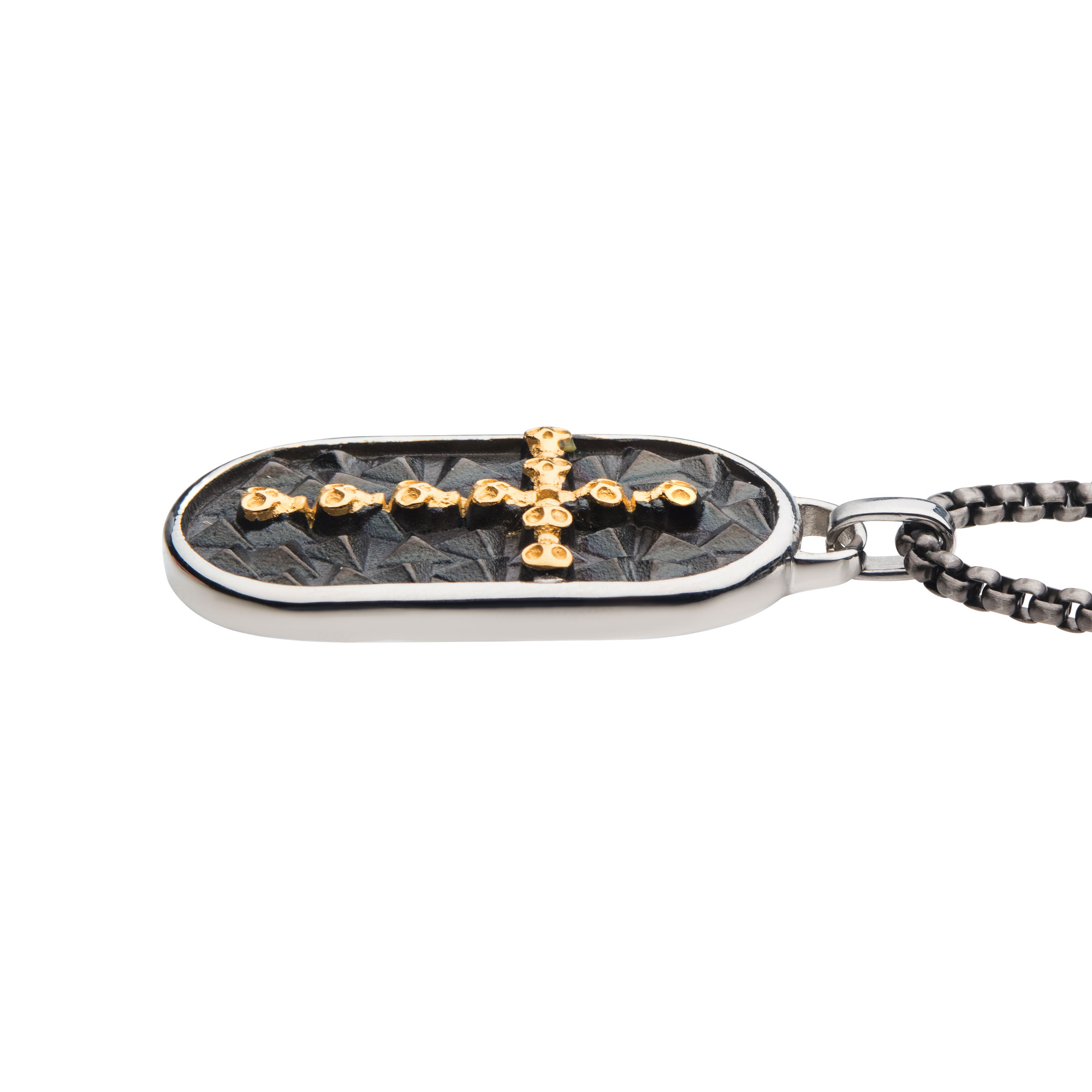 18K Gold IP Skull Cross Inlay Dog Tag Pendant with Round Box Chain Image 3 Lewis Jewelers, Inc. Ansonia, CT