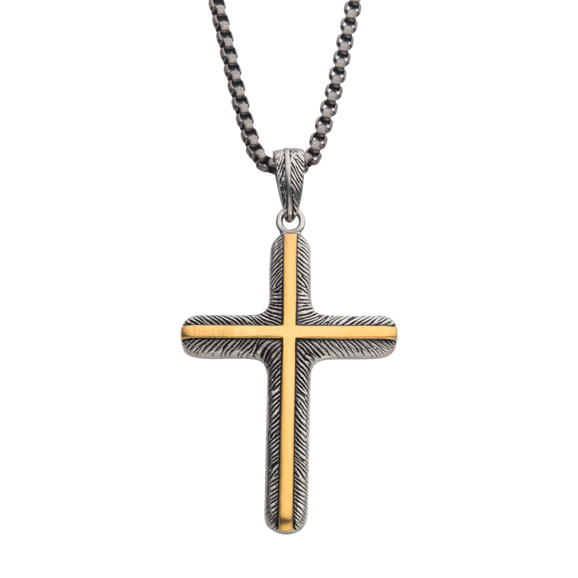18K Gold IP Inlay & Gun Metal IP Cross Pendant with Round Box Chain Thurber's Fine Jewelry Wadsworth, OH