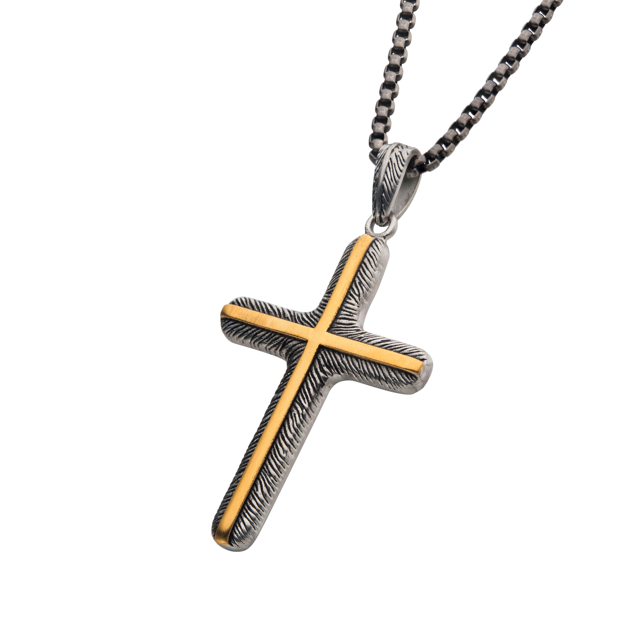 18K Gold IP Inlay & Gun Metal IP Cross Pendant with Round Box Chain Image 2 Thurber's Fine Jewelry Wadsworth, OH