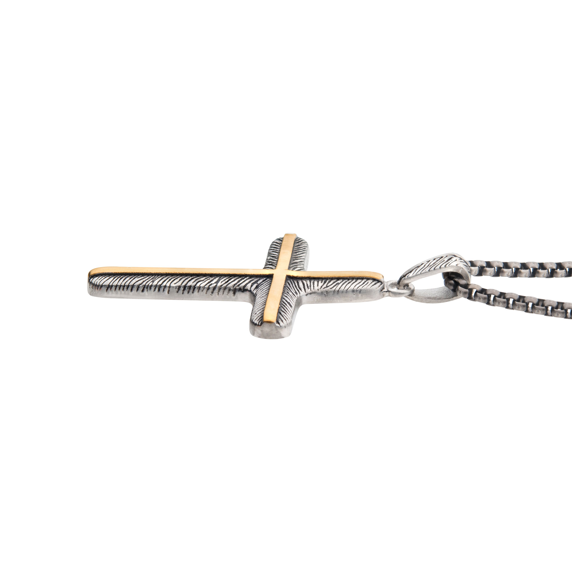 18K Gold IP Inlay & Gun Metal IP Cross Pendant with Round Box Chain Image 3 Milano Jewelers Pembroke Pines, FL
