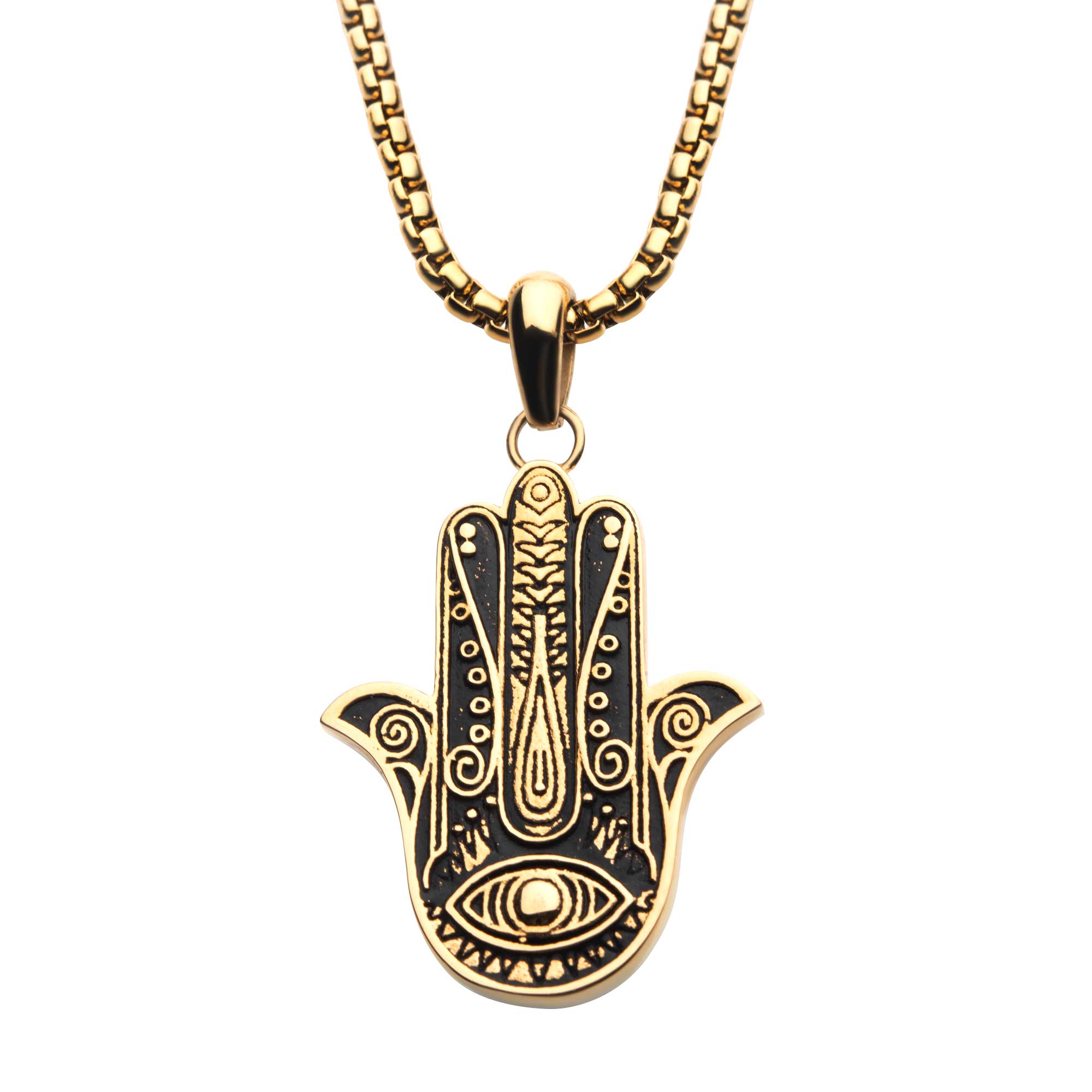 Gold Plated with Hamsa Pendant, with Gold Plated Bold Box Chain Midtown Diamonds Reno, NV