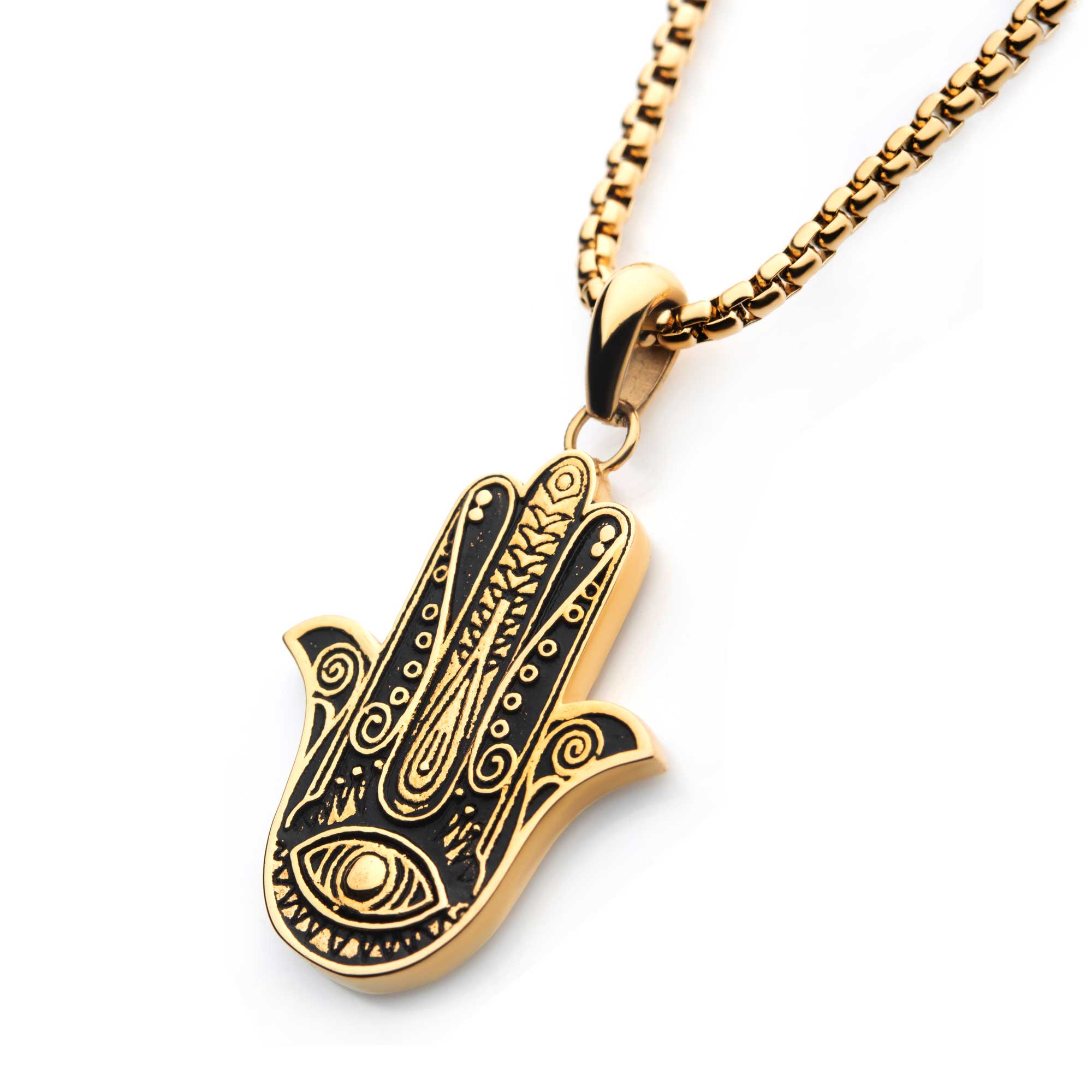 Gold Plated with Hamsa Pendant, with Gold Plated Bold Box Chain Image 2 Milano Jewelers Pembroke Pines, FL