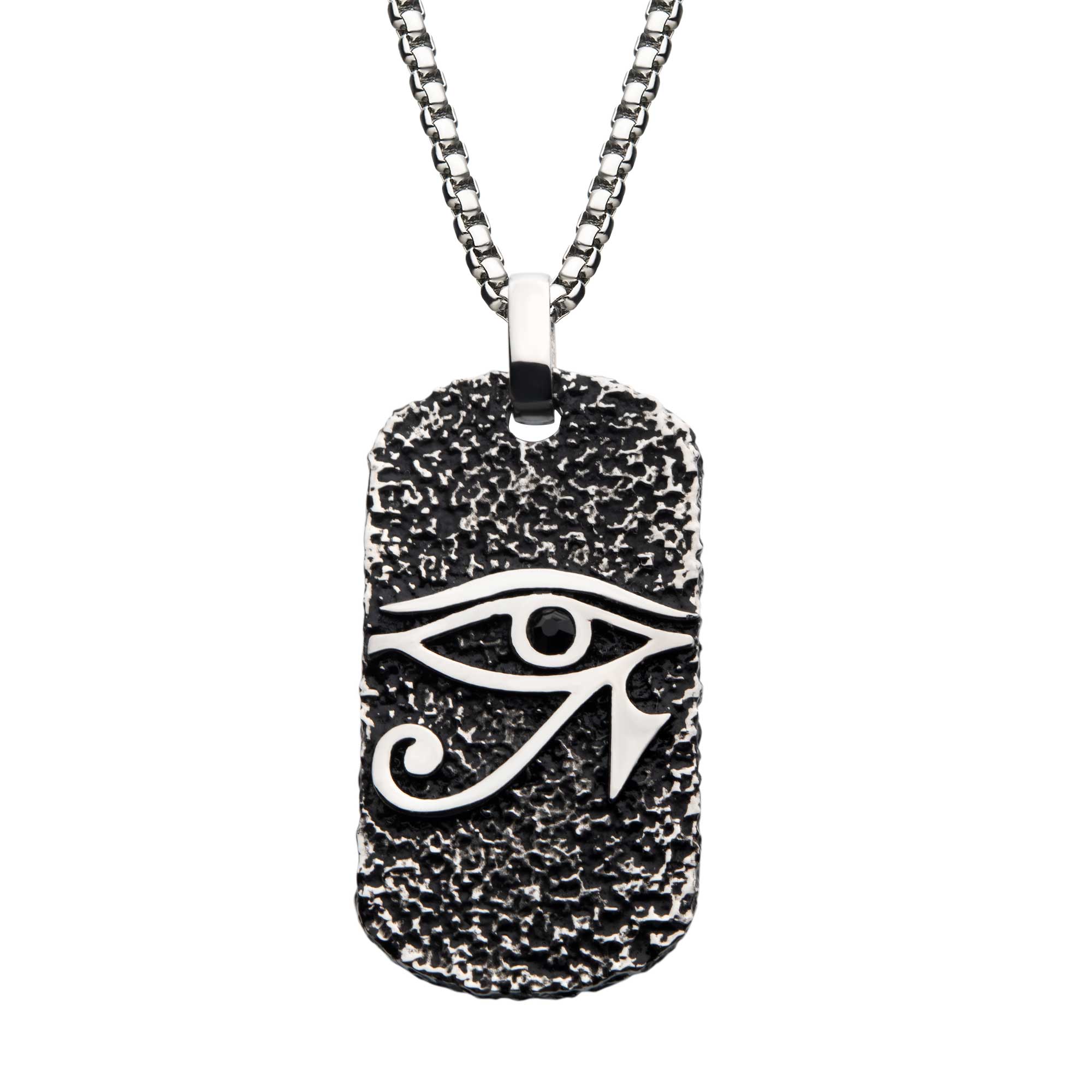 Black Oxidized Stainless Steel with Black CZ Eye of Horus Dog Tag Pendant, with Steel Box Chain Ken Walker Jewelers Gig Harbor, WA