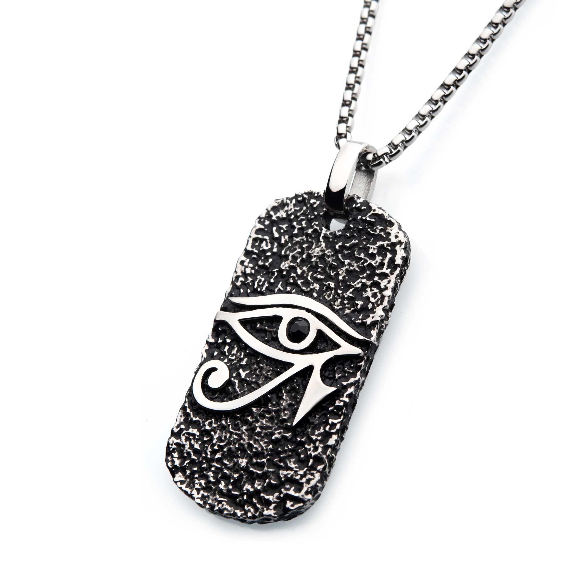 Black Oxidized Stainless Steel with Black CZ Eye of Horus Dog Tag Pendant, with Steel Box Chain Image 2 Ken Walker Jewelers Gig Harbor, WA