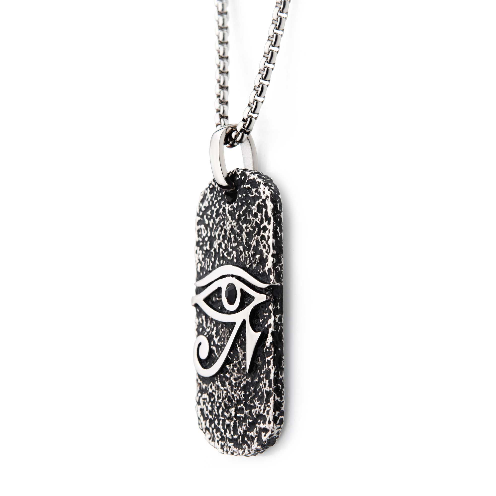 Black Oxidized Stainless Steel with Black CZ Eye of Horus Dog Tag Pendant, with Steel Box Chain Image 3 Carroll / Ochs Jewelers Monroe, MI