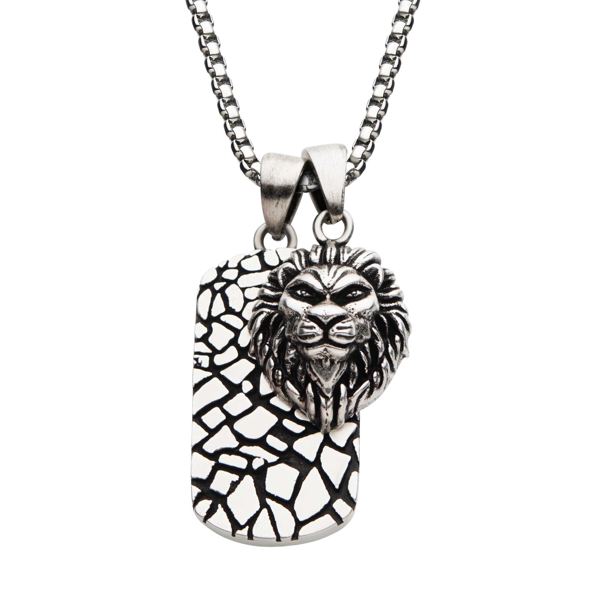 Stainless Steel with 3D Lion Head Dog Tag Pendant, with Antique Silver Plated Chain Enchanted Jewelry Plainfield, CT