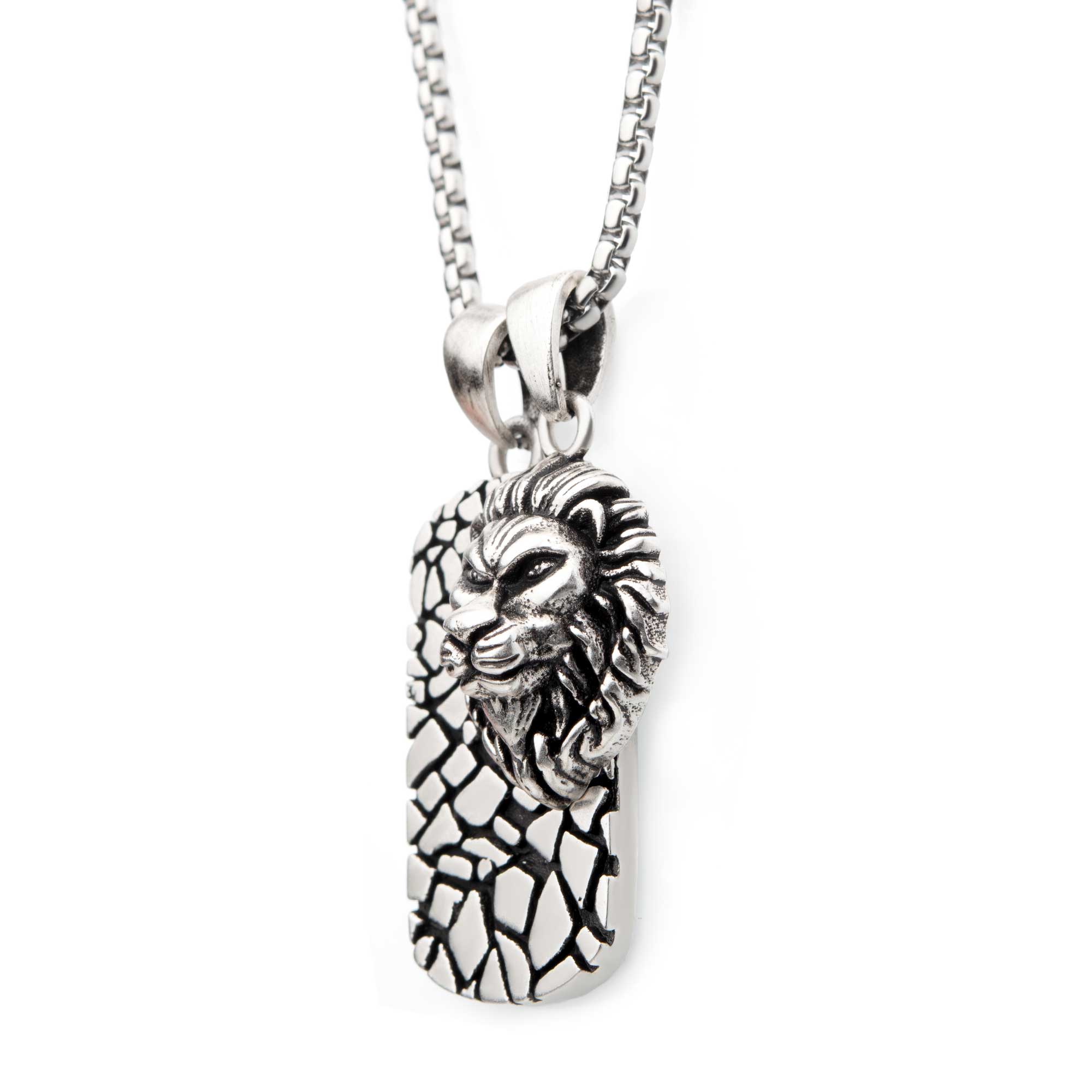 Stainless Steel with 3D Lion Head Dog Tag Pendant, with Antique Silver Plated Chain Image 2 Spath Jewelers Bartow, FL
