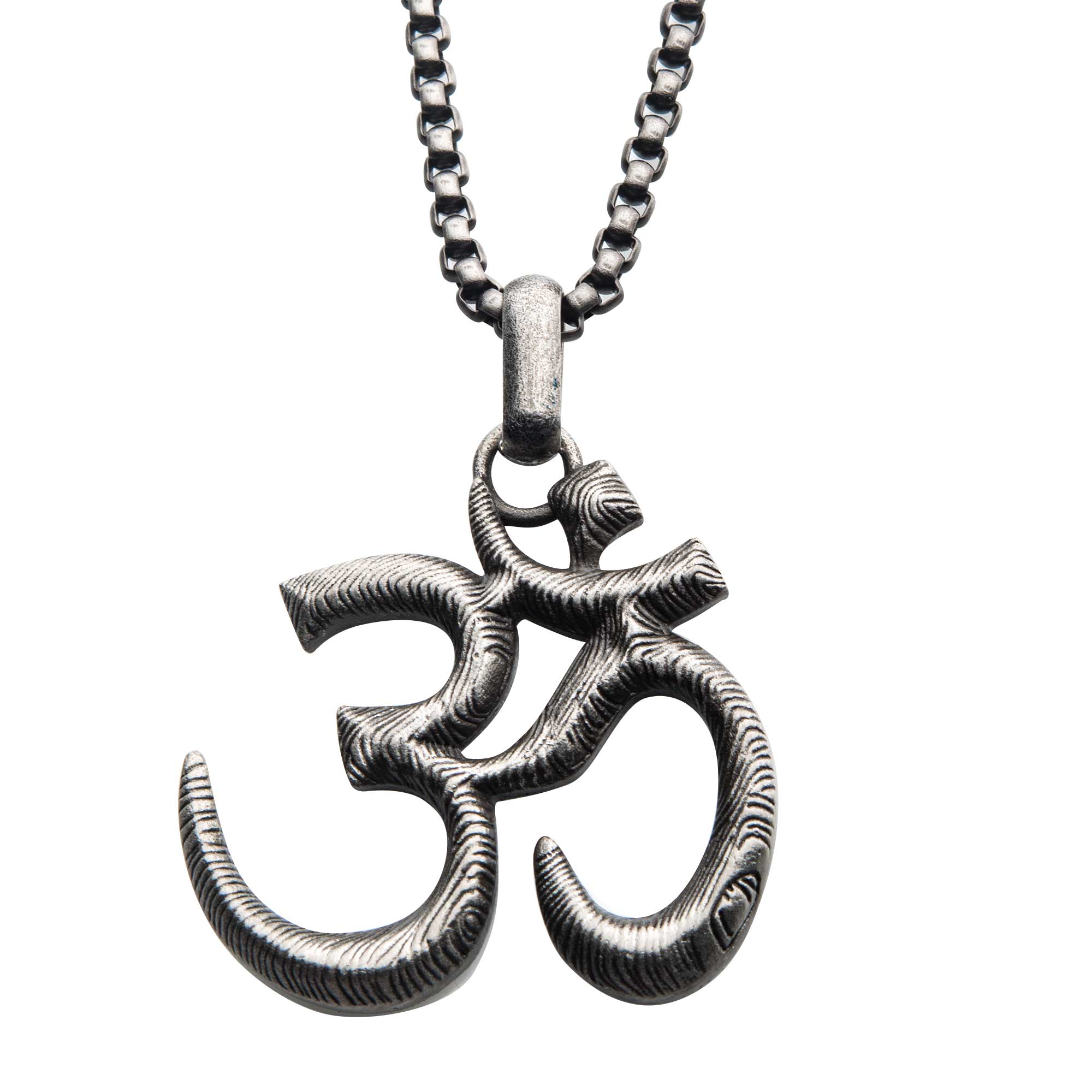 Stainless Steel with Antique Finish OM Symbol Pendant, with Steel Box Chain Ken Walker Jewelers Gig Harbor, WA