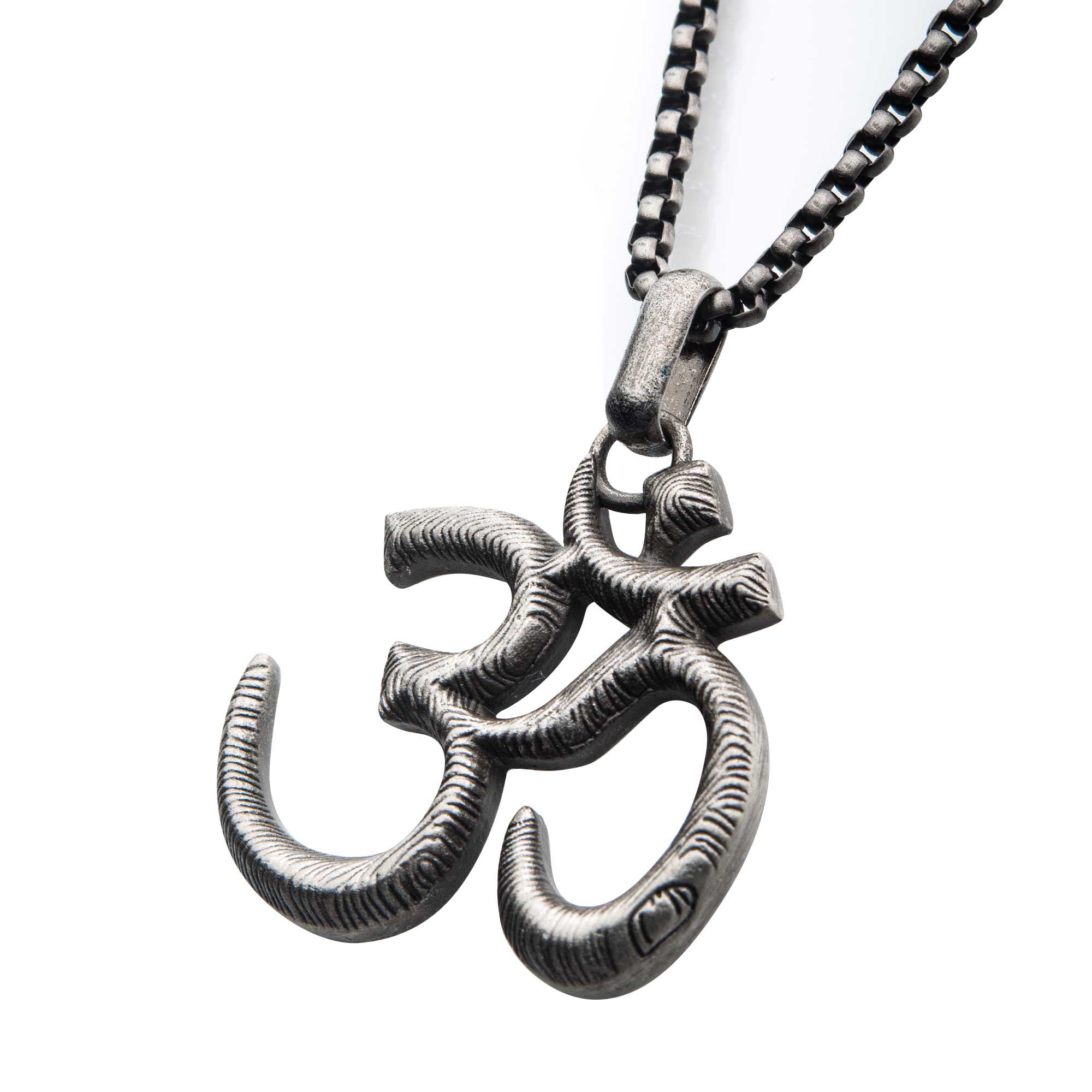 Stainless Steel with Antique Finish OM Symbol Pendant, with Steel Box Chain Image 2 Midtown Diamonds Reno, NV