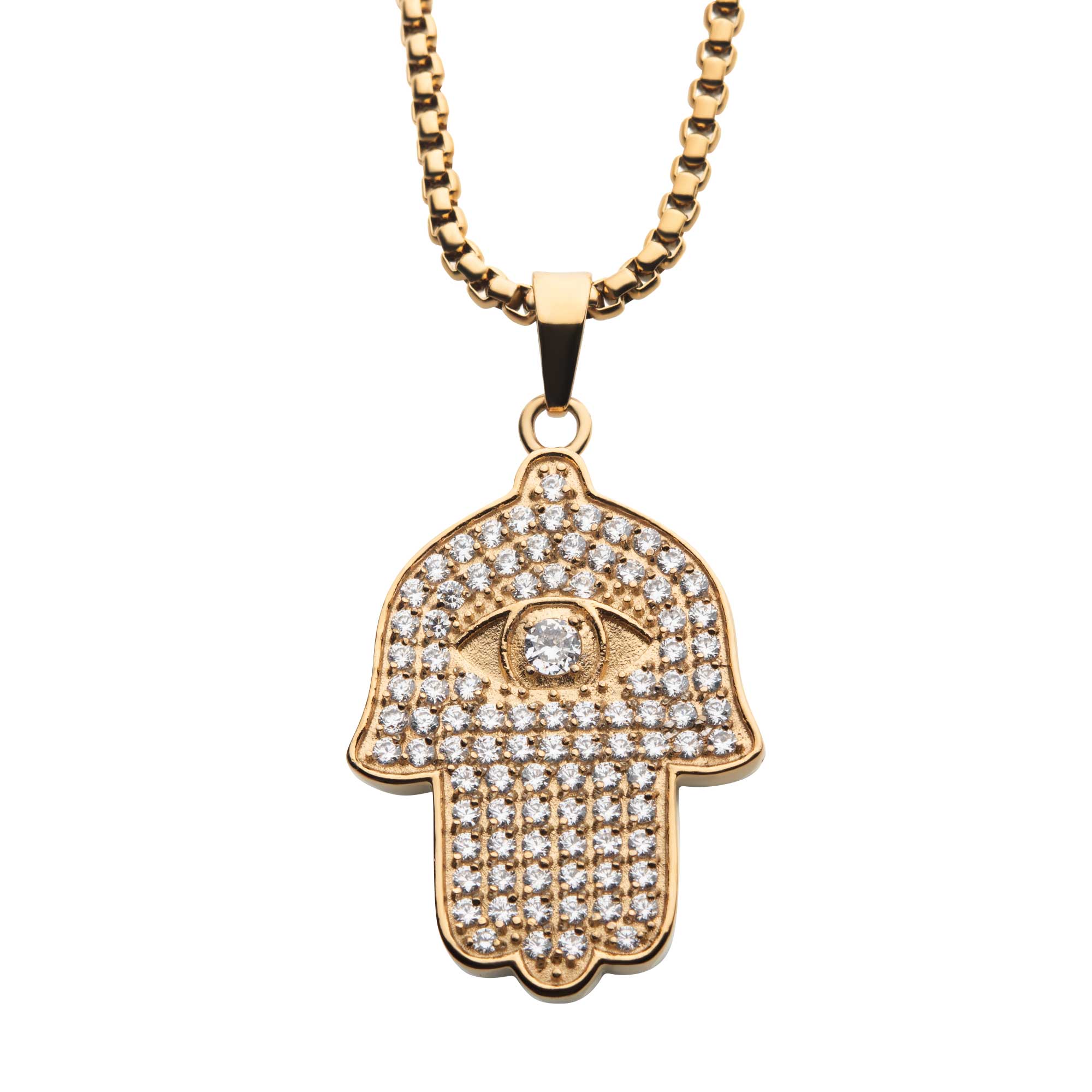 18K Gold Plated with 94pcs CNC Prong Set Clear CZ Hamsa Pendant, with Gold Plated Box Chain Midtown Diamonds Reno, NV