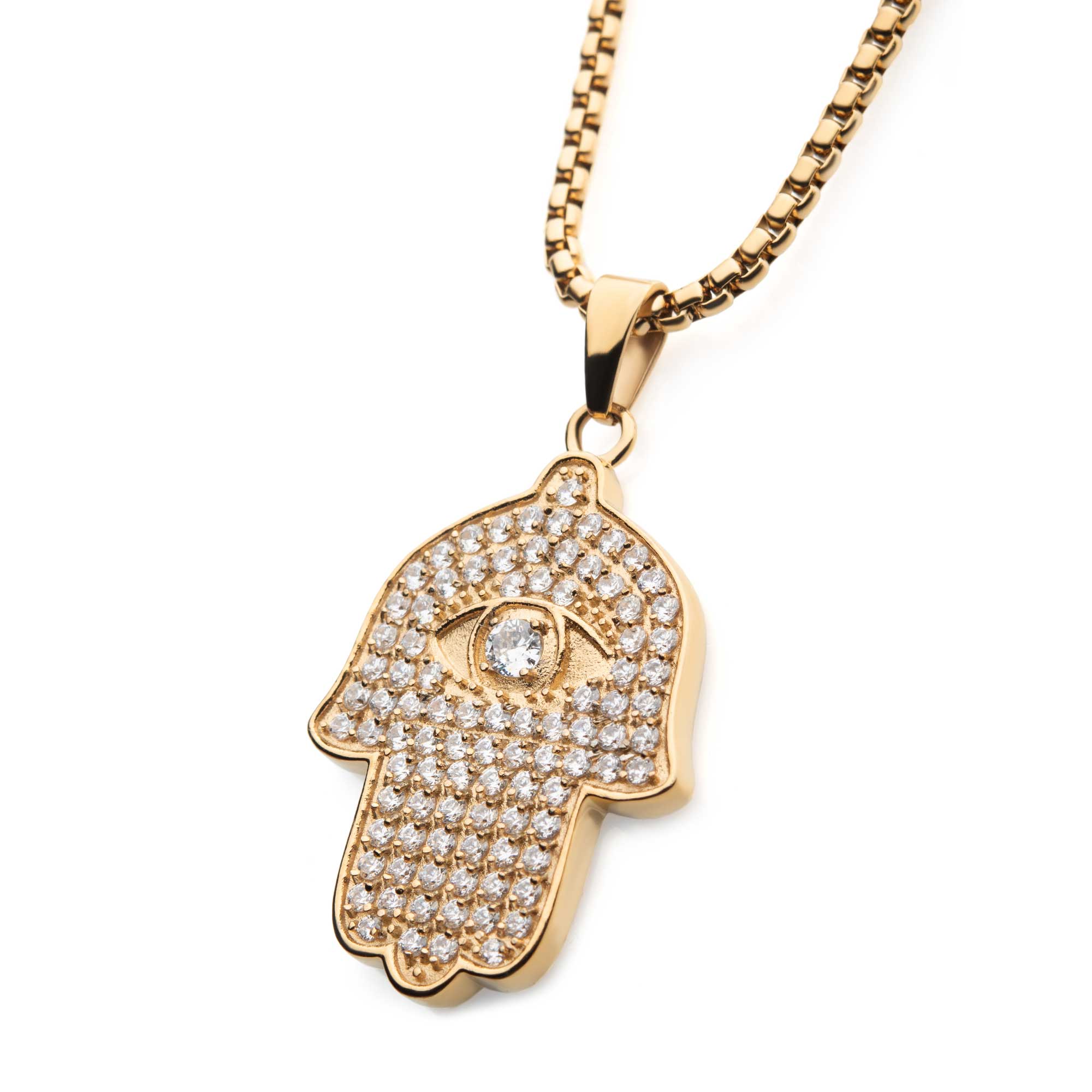 18K Gold Plated with 94pcs CNC Prong Set Clear CZ Hamsa Pendant, with Gold Plated Box Chain Image 2 Enchanted Jewelry Plainfield, CT