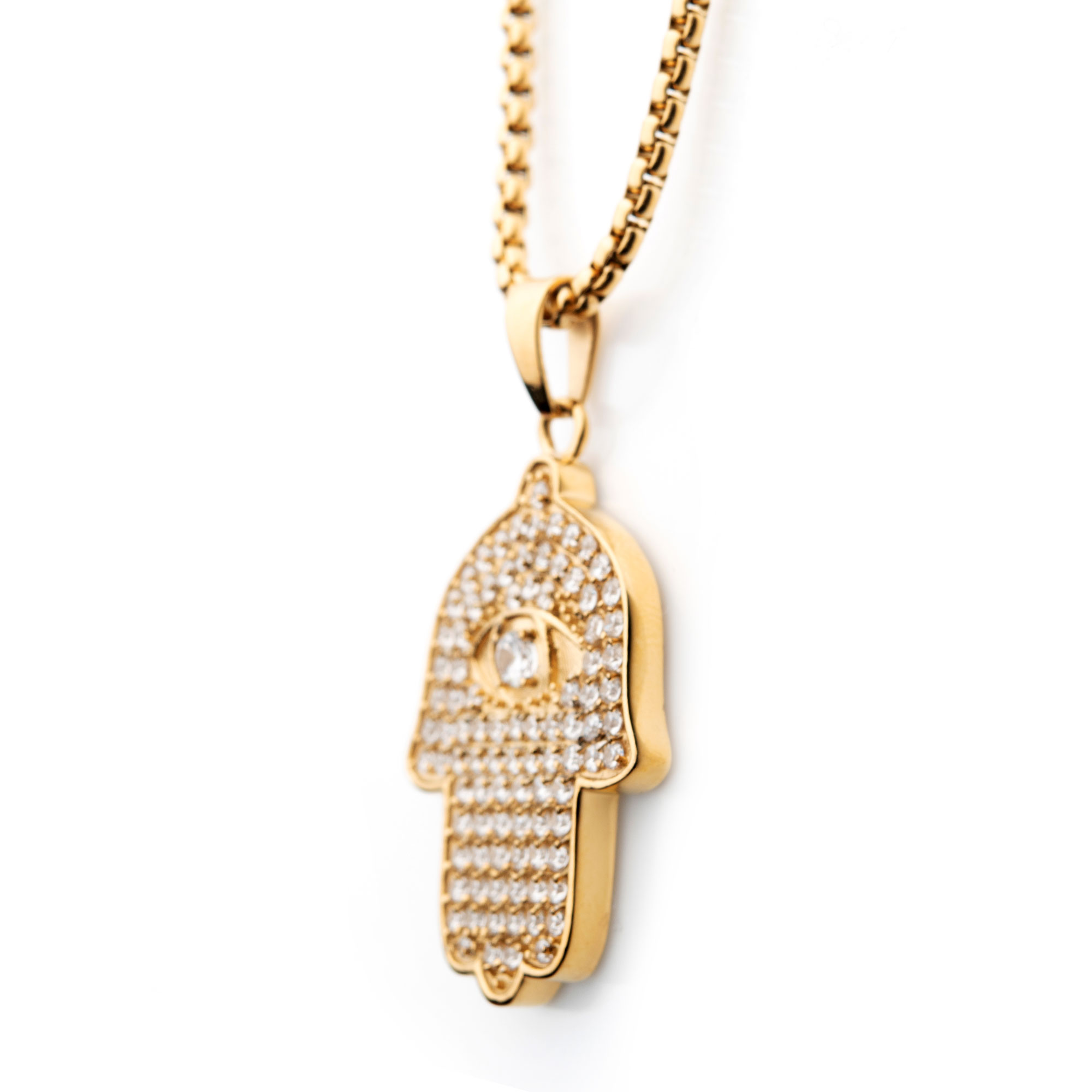 18K Gold Plated with 94pcs CNC Prong Set Clear CZ Hamsa Pendant, with Gold Plated Box Chain Image 3 Ken Walker Jewelers Gig Harbor, WA