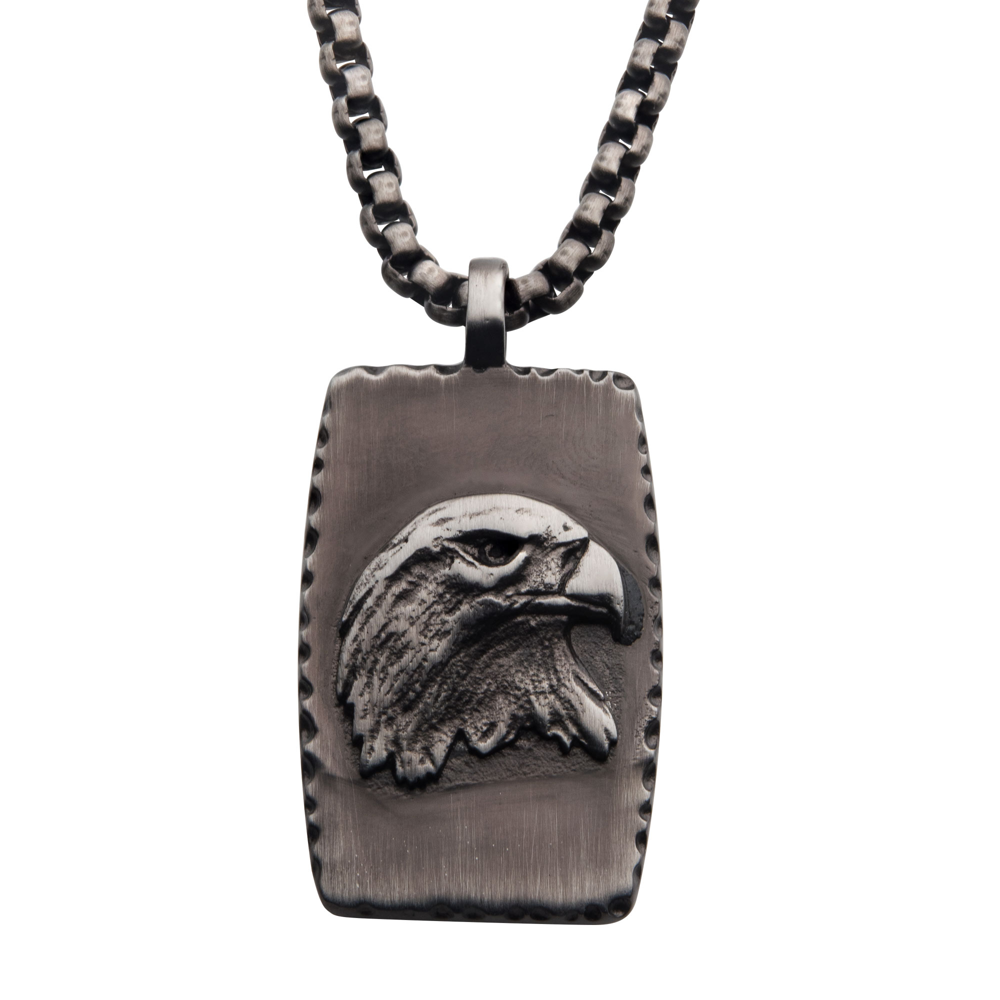 Gun Metal IP Eagle Inlay Dog Tag Pendant with Round Box Chain Enchanted Jewelry Plainfield, CT