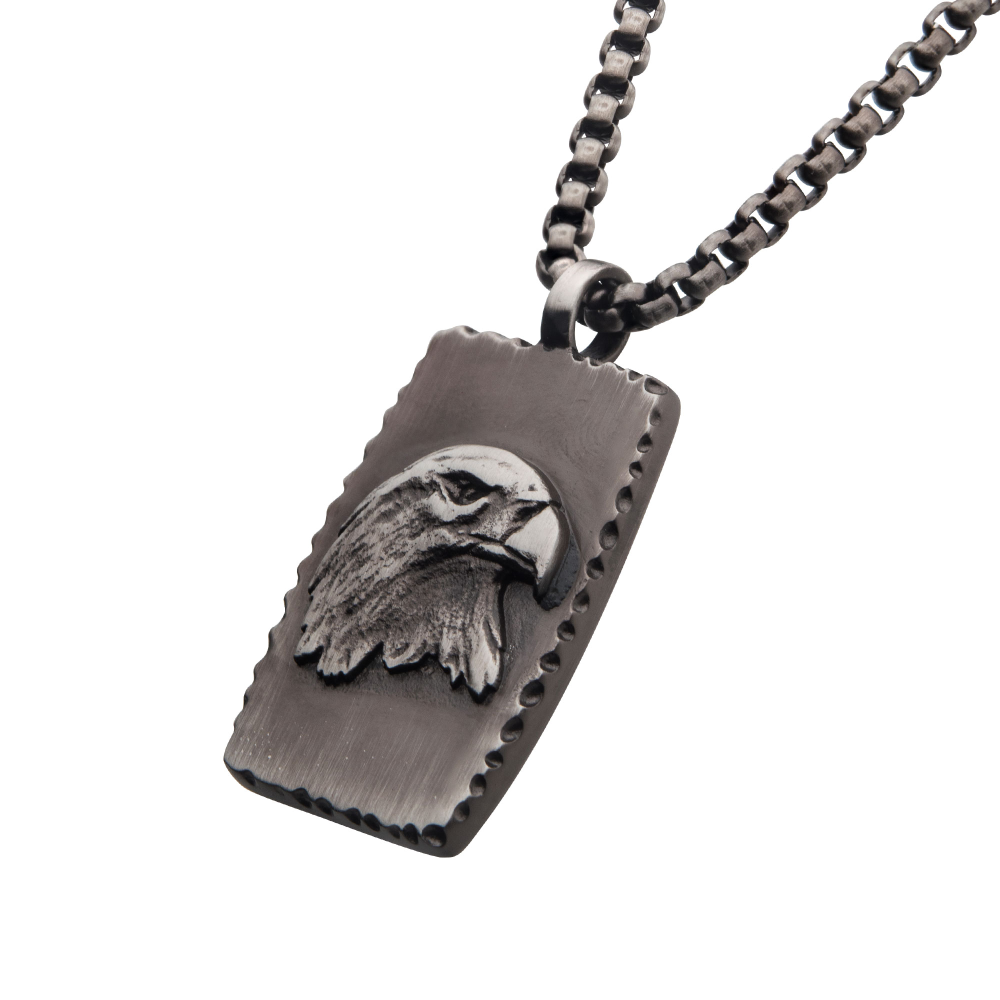 Gun Metal IP Eagle Inlay Dog Tag Pendant with Round Box Chain Image 2 Morin Jewelers Southbridge, MA