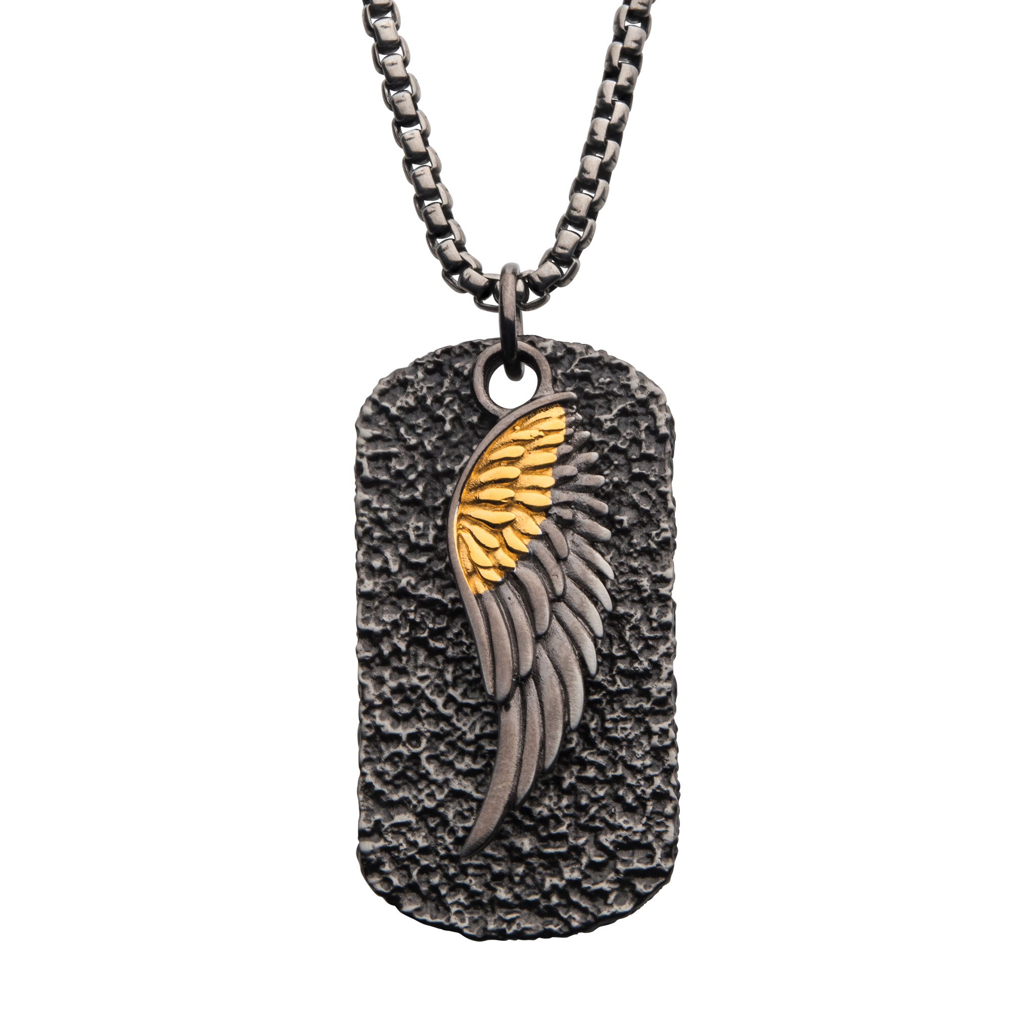 Layered 18K Gold IP Wing & Gun Metal IP Dog Tag Pendants with Round Box Chain Thurber's Fine Jewelry Wadsworth, OH