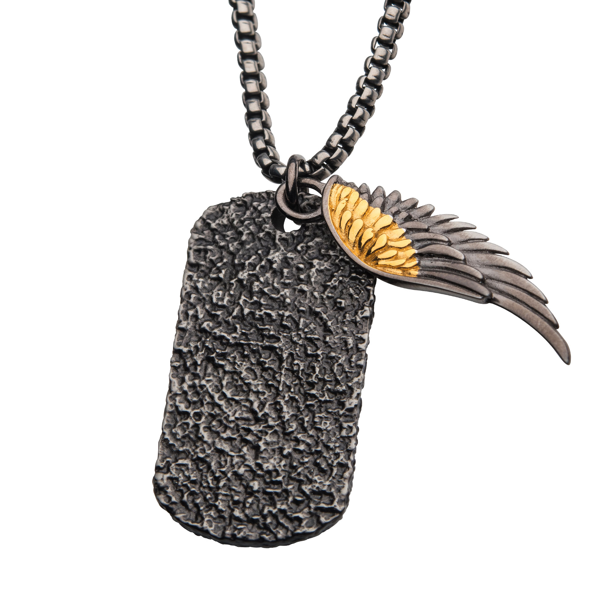 Layered 18K Gold IP Wing & Gun Metal IP Dog Tag Pendants with Round Box Chain Image 2 Thurber's Fine Jewelry Wadsworth, OH