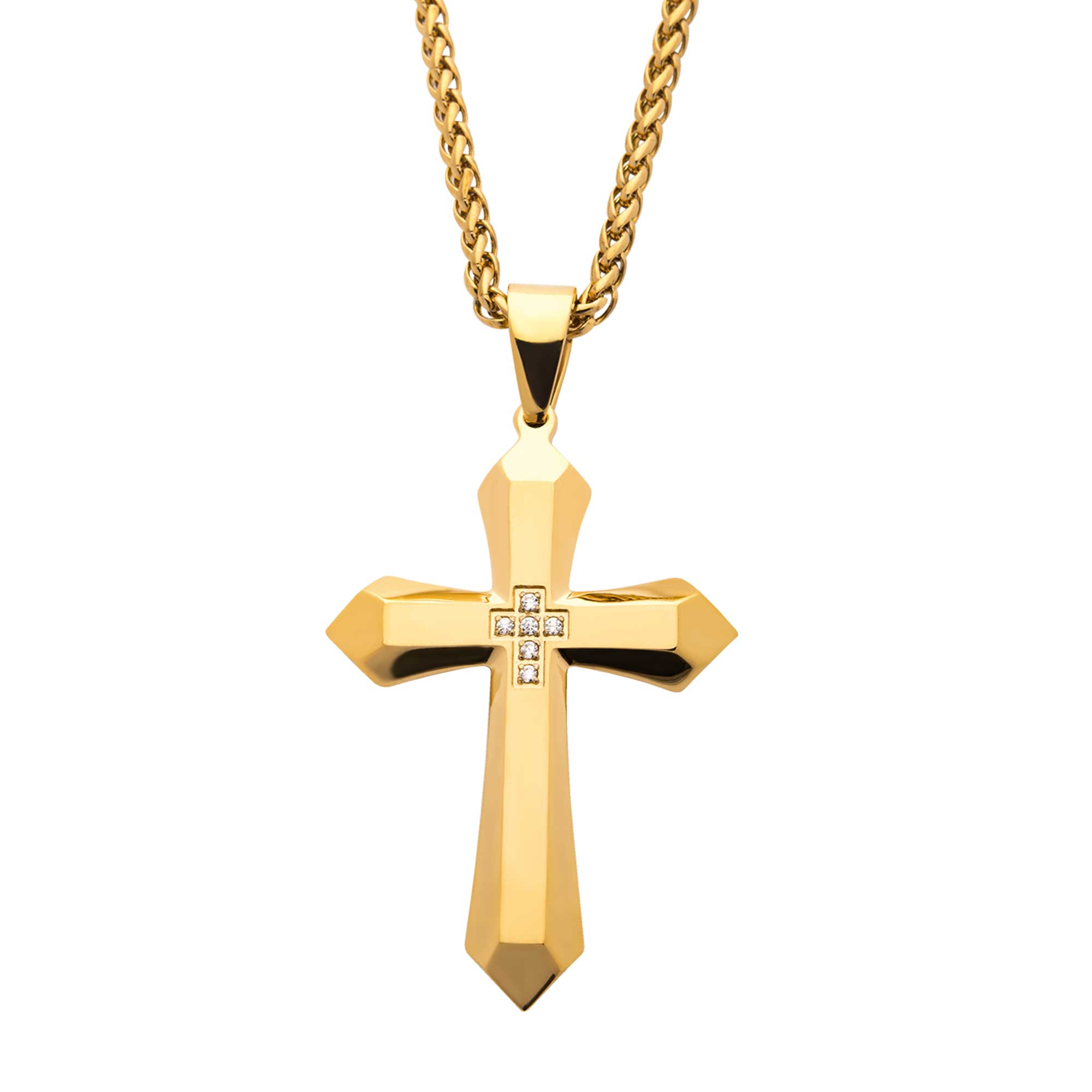 Gold Plated Cross with 6pcs CNC Prong Set Clear CZ Pendant with Gold Plated Wheat Chain Midtown Diamonds Reno, NV