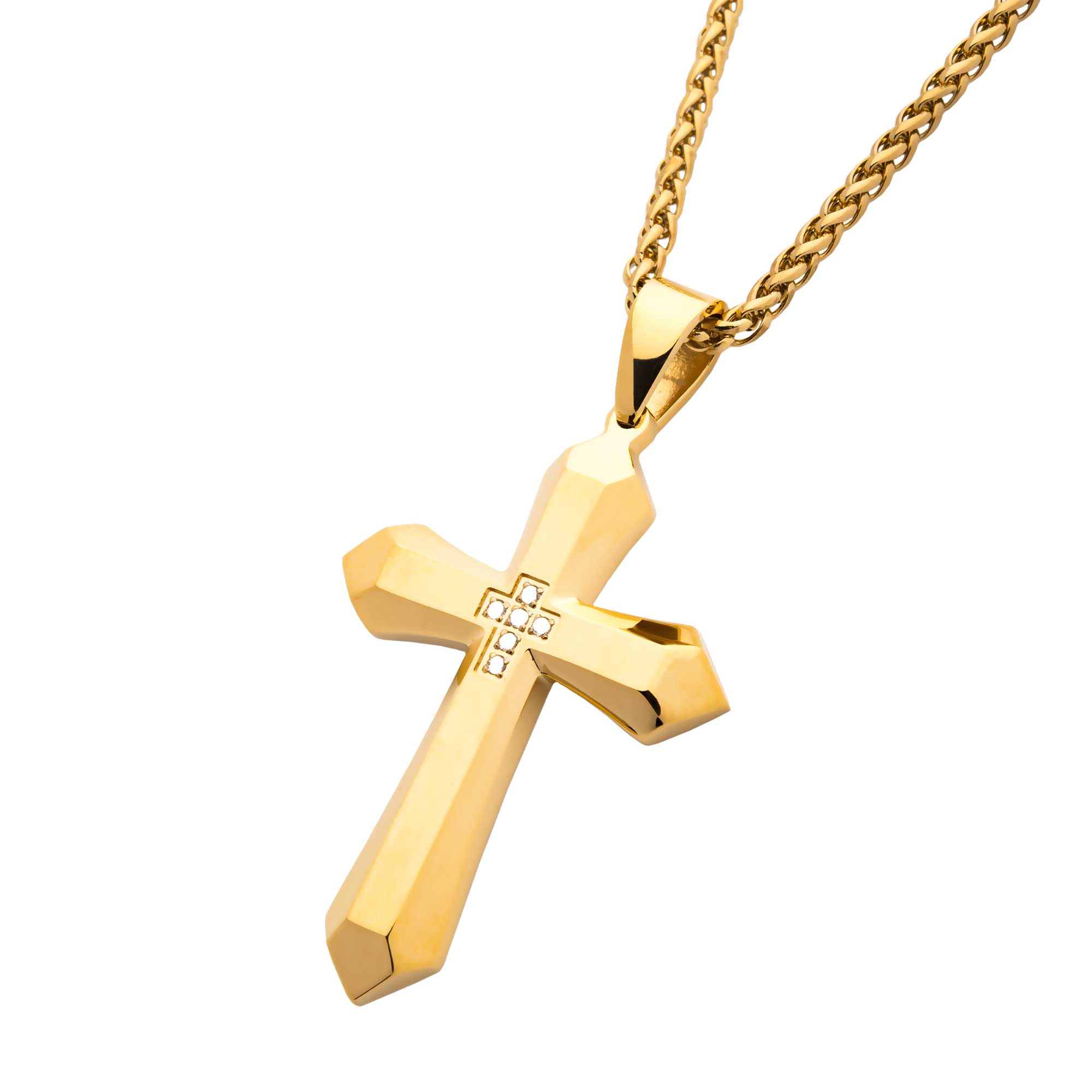 Gold Plated Cross with 6pcs CNC Prong Set Clear CZ Pendant with Gold Plated Wheat Chain Image 2 Milano Jewelers Pembroke Pines, FL