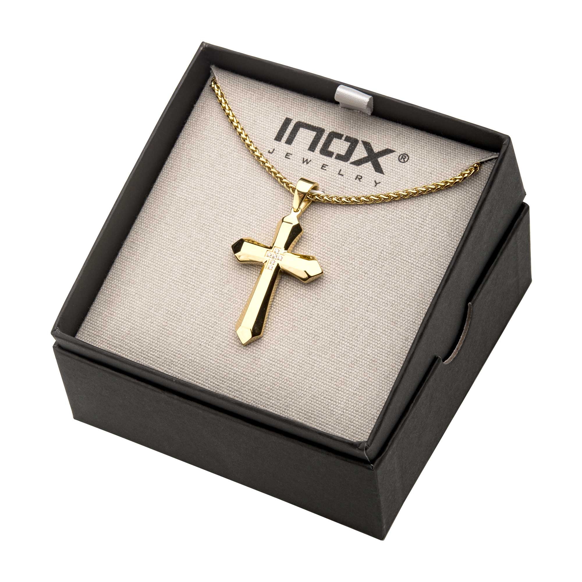 Gold Plated Cross with 6pcs CNC Prong Set Clear CZ Pendant with Gold Plated Wheat Chain Image 3 Morin Jewelers Southbridge, MA