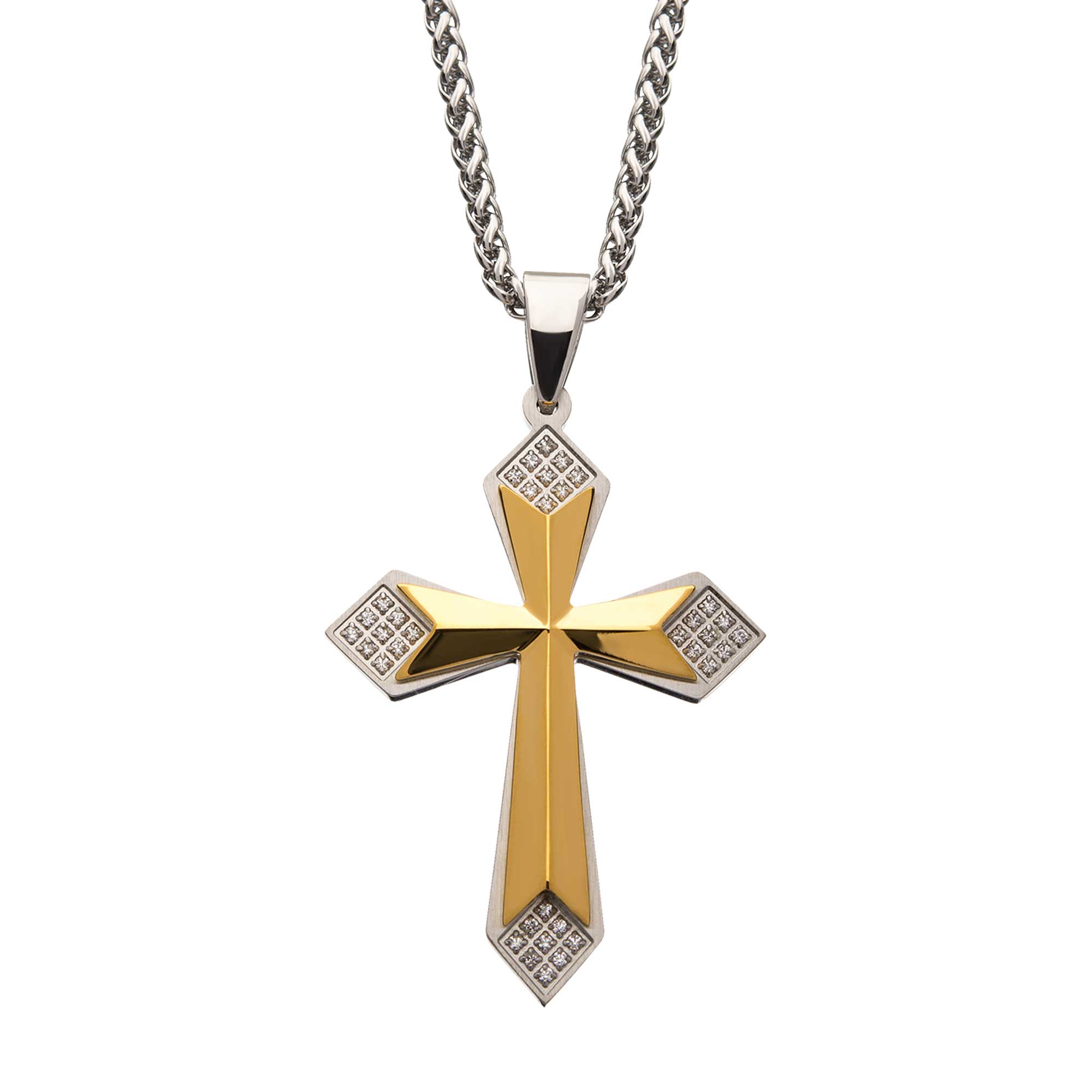 Gold Plated Cross with 36pcs CNC Prong Set Clear CZ Pendant with Steel Wheat Chain Ken Walker Jewelers Gig Harbor, WA